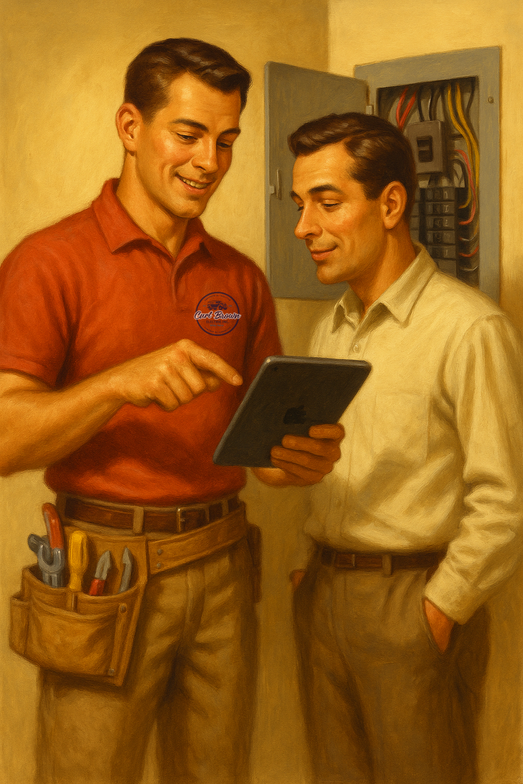 Electrician showing a Service Club maintenance checklist to a homeowner beside an open electrical panel in a retro 1950s-style illustration