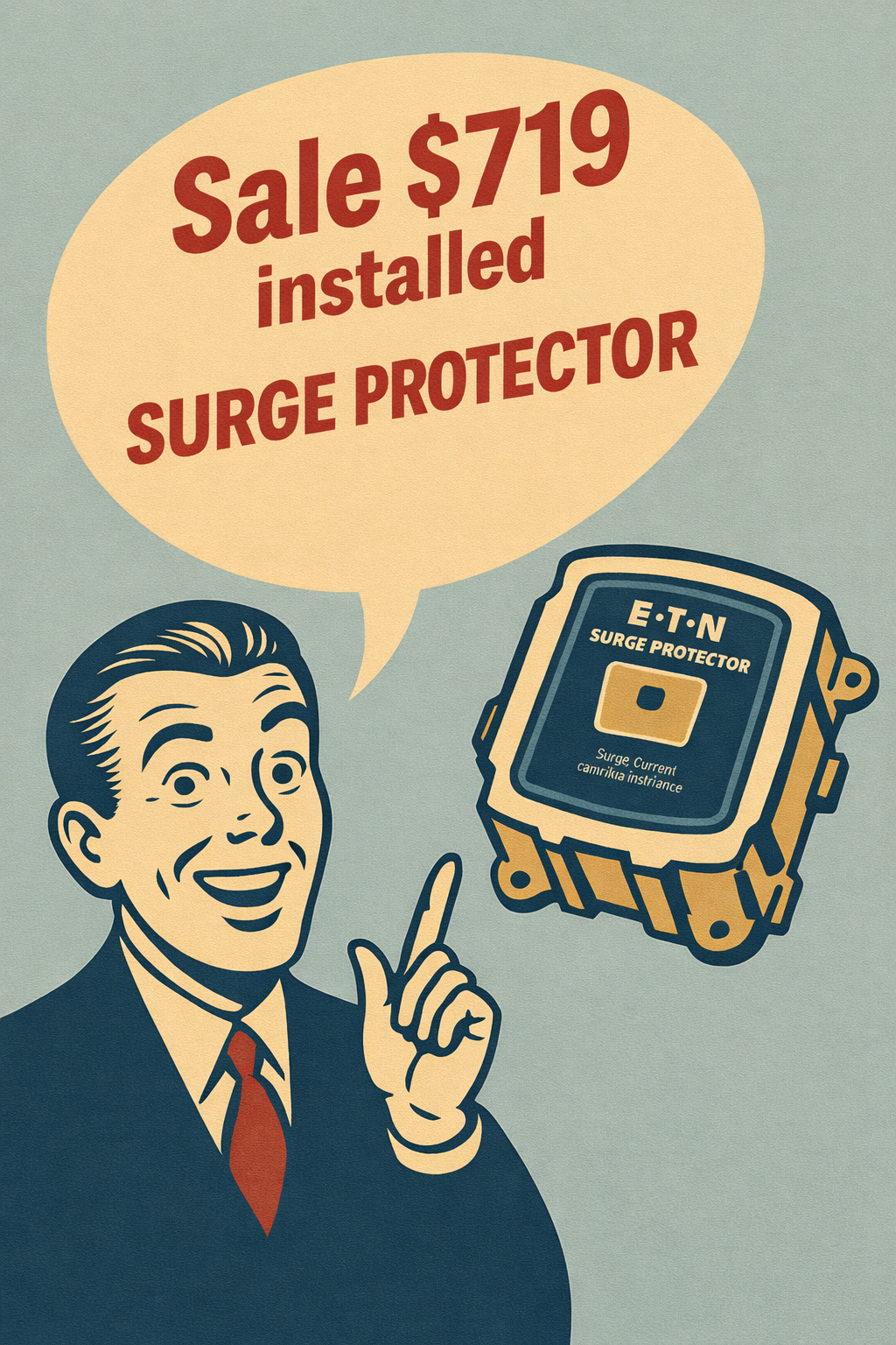 1950s-style illustrated graphic advertising a whole-home surge protector sale for $719 installed