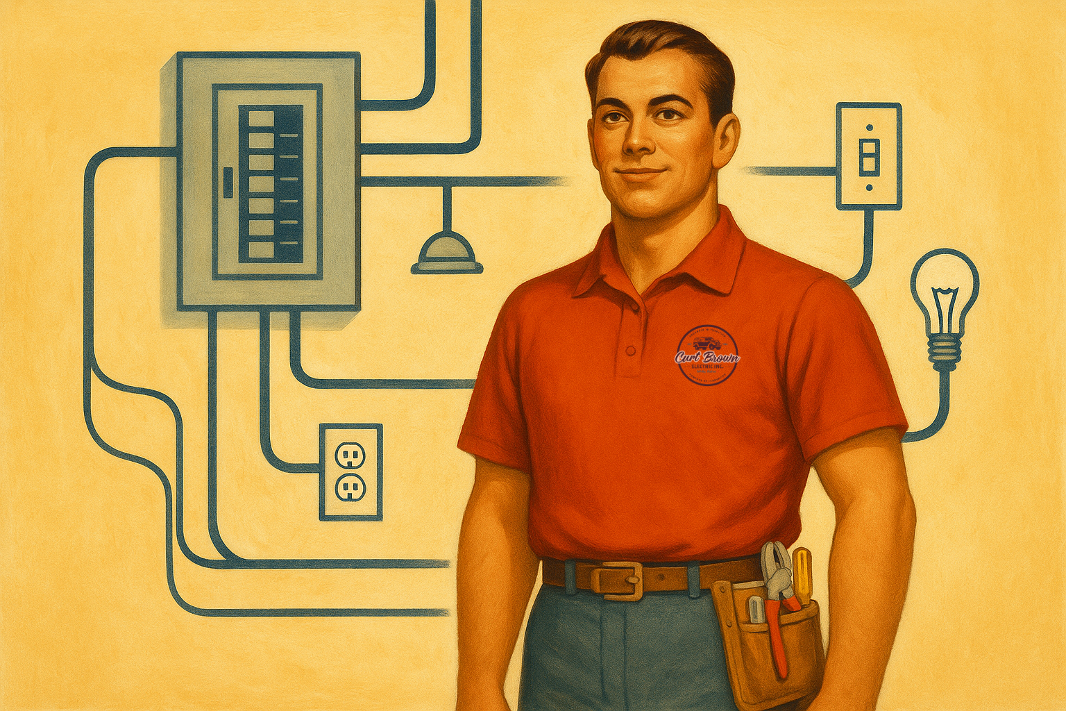 A young man with neatly styled hair wearing a red collared shirt with a logo on the chest, standing in front of a yellow wall with a large illustration of electrical wiring and components.