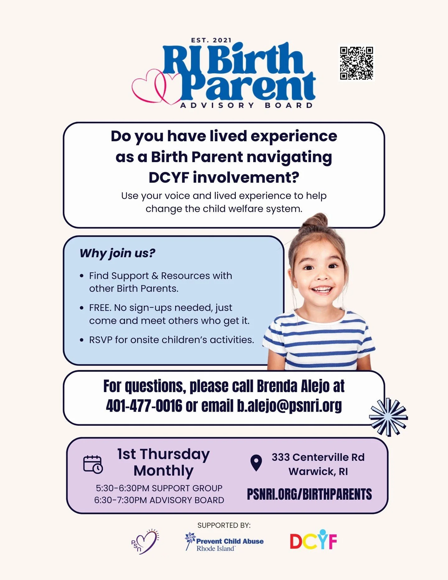 Been through DCYF as a birth parent?
Your voice matters here. 💬💙

Join the RI Birth Parent Advisory Board for support, connection, and real system change.

✨ Free
✨ RSVP for onsite children's activities
✨ No pressure &mdash; just show up

🔗 psnri.