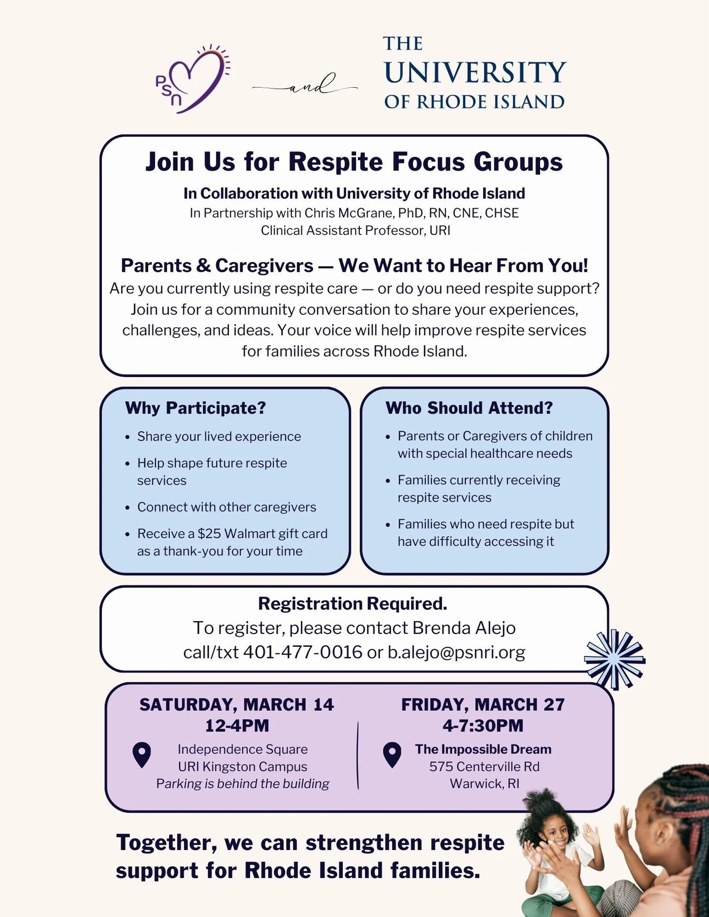 💬 Parents &amp; Caregivers &mdash; we want to hear from you.

Are you using respite care&hellip; or struggling to access it?

Join our Respite Focus Groups in collaboration with the @universityofri and in partnership with Chris McGrane, PhD, RN, CNE