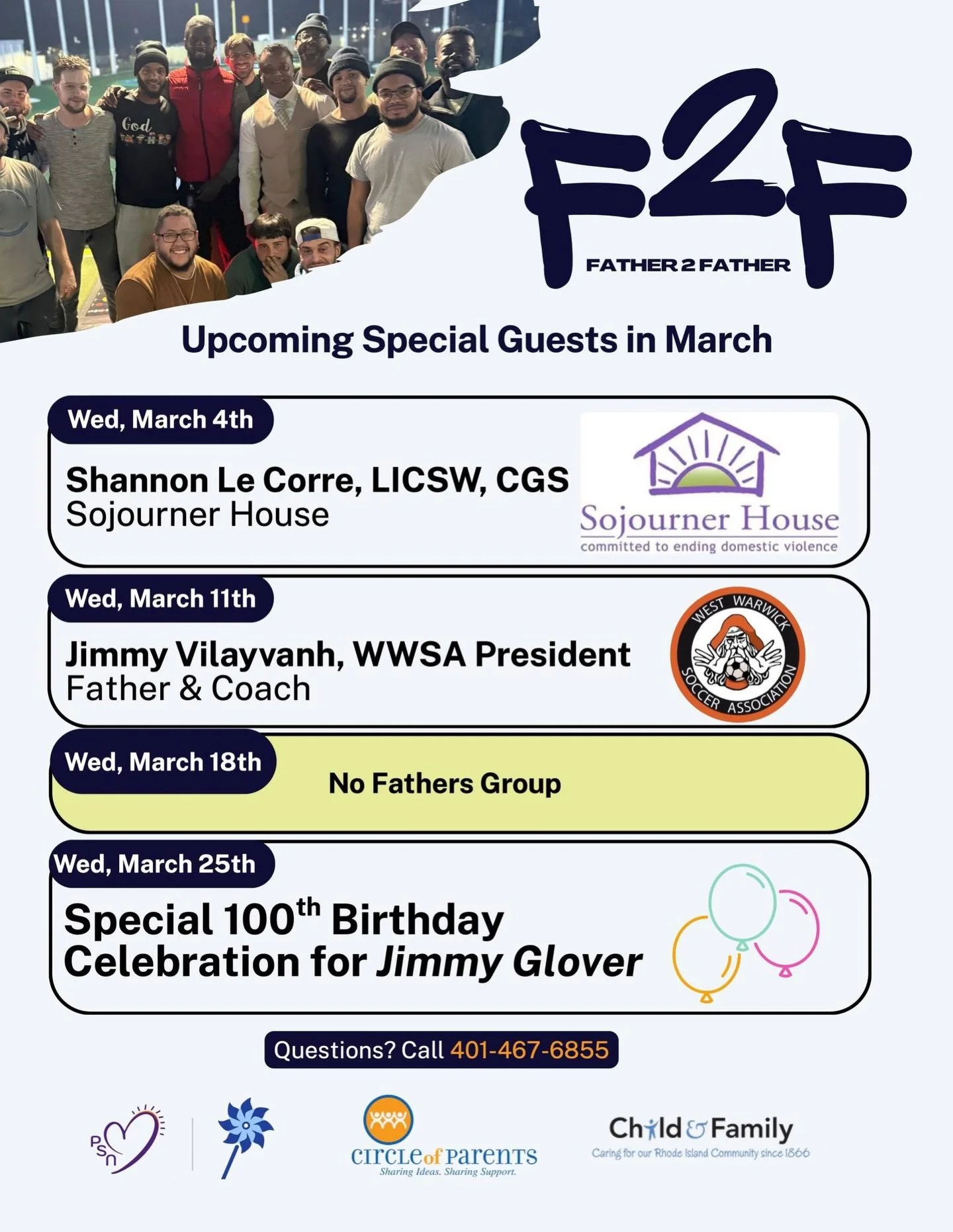 We&rsquo;re excited to share our Father 2 Father special guest calendar for the month of March! 

Please share with fathers. We are covering some important stories and topics.

Wednesdays 5:30-7pm in Warwick *no group 3/18*
333 Centerville Rd, first 