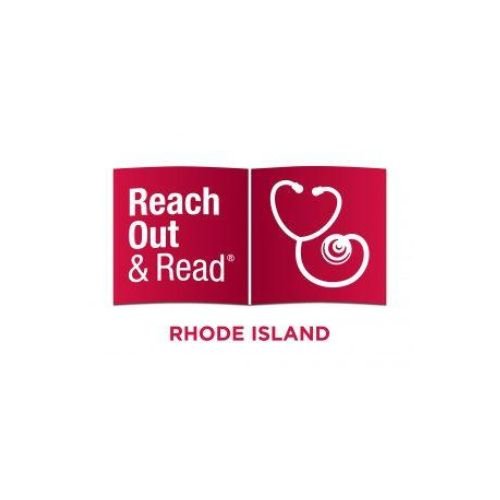 Logo for Reach Out & Read Rhode Island featuring a red open book with a white stethoscope shaped like a heart and spiral, with the text 'Reach Out & Read' and 'Rhode Island' below.