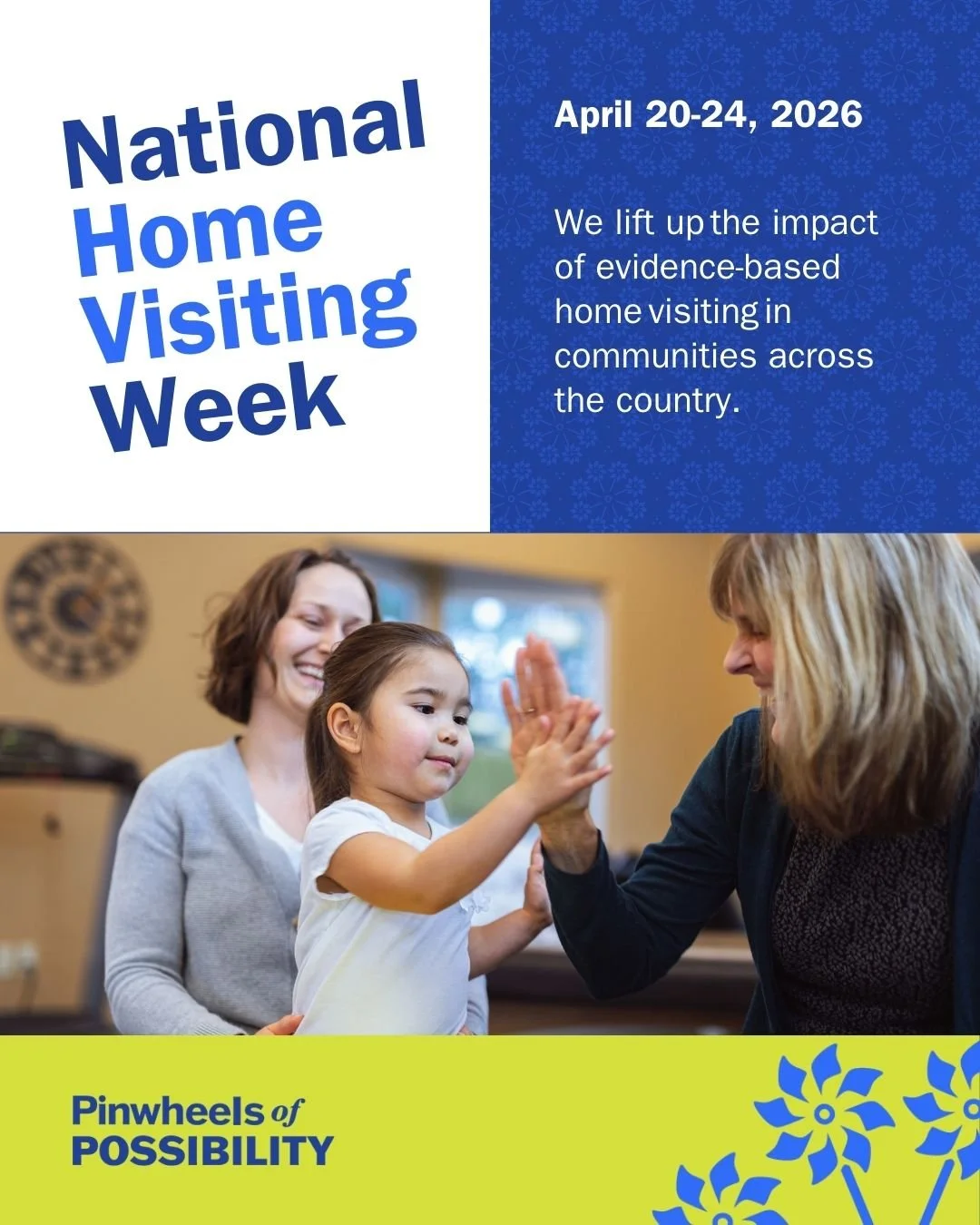 A promotional poster for National Home Visiting Week, April 20-24, 2026, featuring a photo of a young girl giving a high five to an adult woman, with a woman and girl smiling in the background.