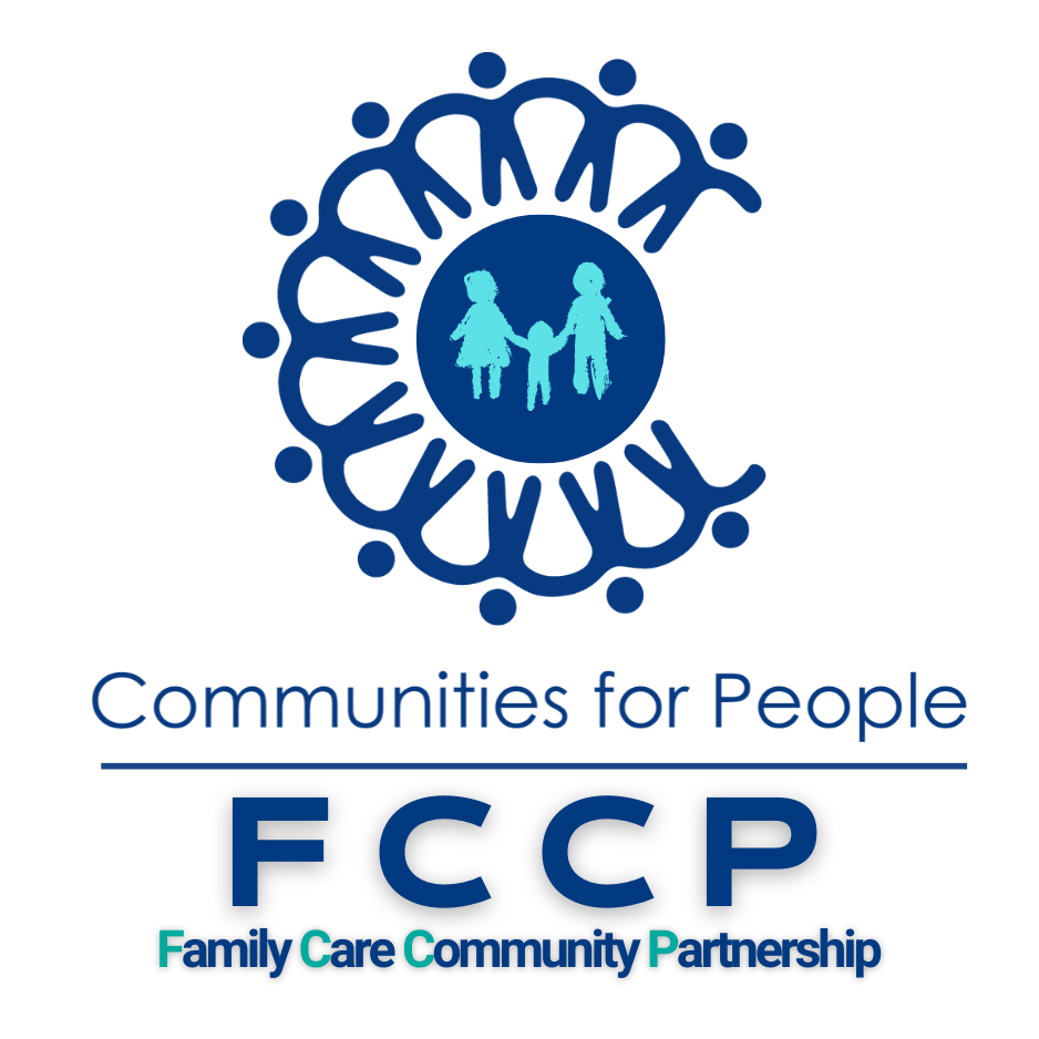 Logo for family care community partnership showing three children holding hands inside a circle of human figures holding hands, with the text 'Family Care Community Partnership' and the acronym 'FCCP.'