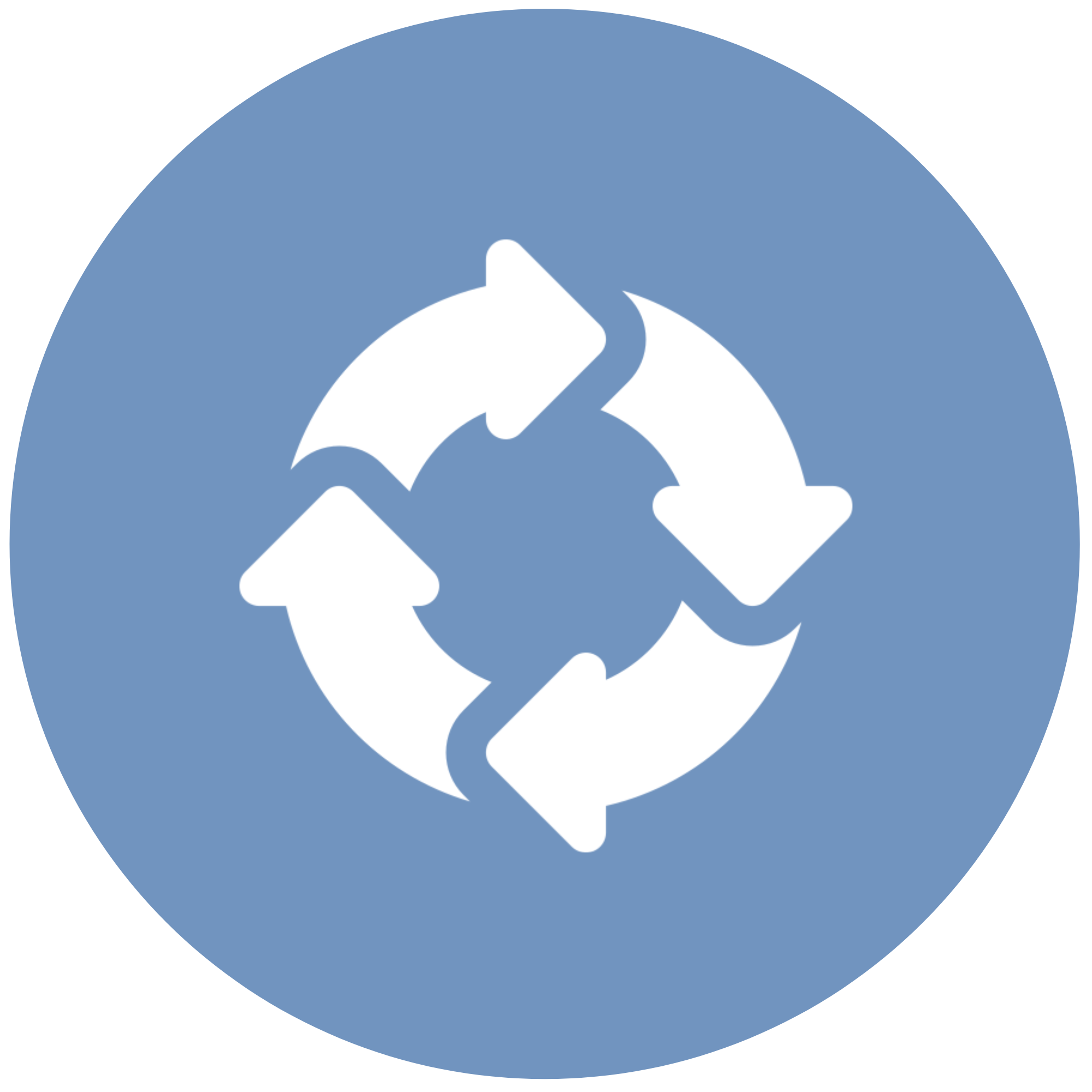 Circular arrow icon representing recycling or process flow on a blue background, showing kindness.