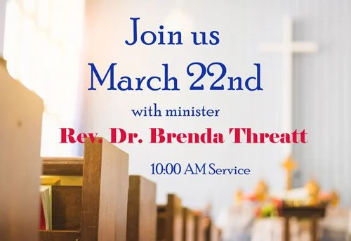 Invitation to join a church service on February 8th with new minister Rev. Brenda Threat at 10:00 AM.