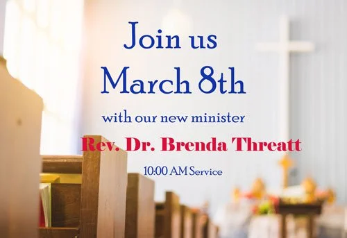 Invitation to join a church service on February 8th with new minister Rev. Brenda Threat at 10:00 AM.