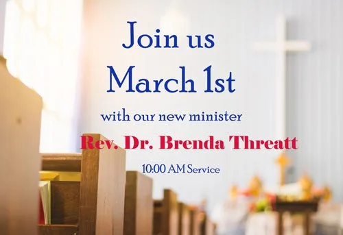 Invitation to join a church service on February 8th with new minister Rev. Brenda Threat at 10:00 AM.