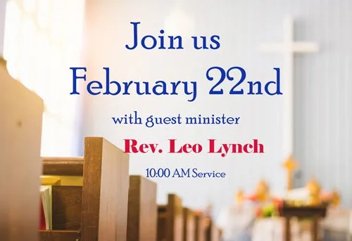 Invitation to join a church service on February 8th with new minister Rev. Brenda Threat at 10:00 AM.