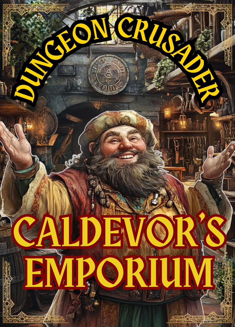 A cheerful, bearded man dressed in medieval fantasy costume, smiling and gesturing with open hands, in a detailed workshop or shop setting with shelves, tools, and decorative elements, promoting Dungeon Crusader Caldevor's Emporium.