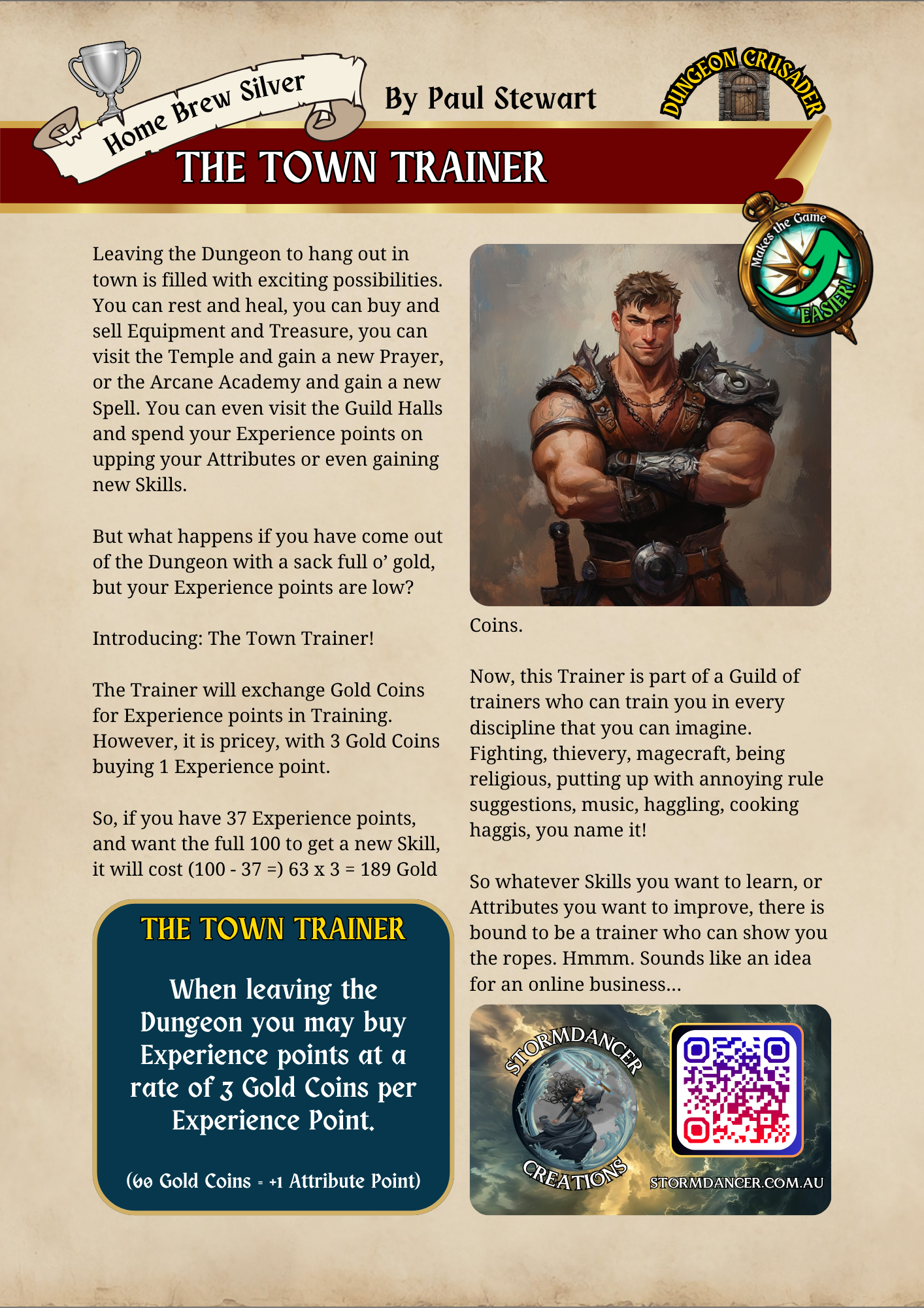 A colorful promotional infographic for a game called 'The Town Trainer'. It features a character illustration on the right, with a muscular man in fantasy armor crossed arms, and game-related icons, text sections explaining game features like experience points and coins, and a QR code at the bottom right. The header includes a trophy and a banner with the text 'Home Brew Silver' and 'By Paul Stewart'.