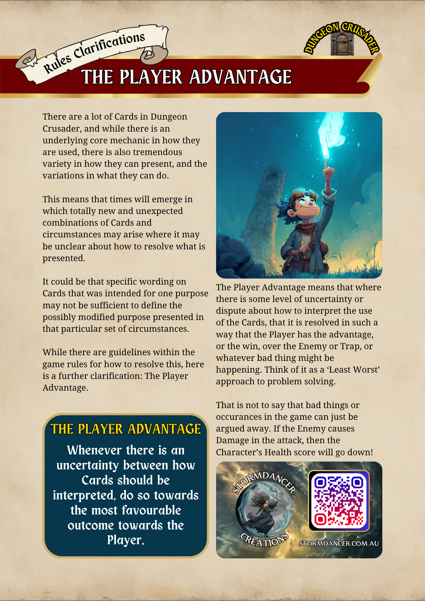 A fantasy-themed infographic with a parchment background, featuring a character in goggles and a scarf pointing at a glowing glyph in the sky, with a ruined stone tower in the background. The infographic discusses rules clarifications for a game called Dungeon Crusader and highlights the player advantage.