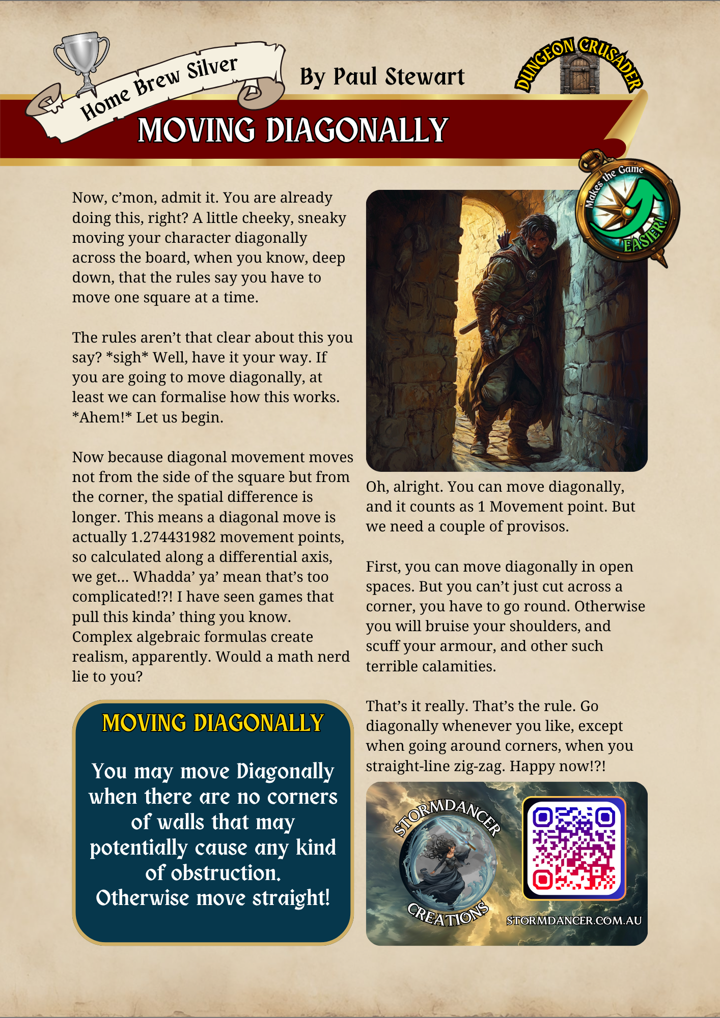 A guide on how to move diagonally in the board game StormDancer, including tips and rules, with an illustration of a hooded warrior in a stone corridor and a coin with the game's logo.