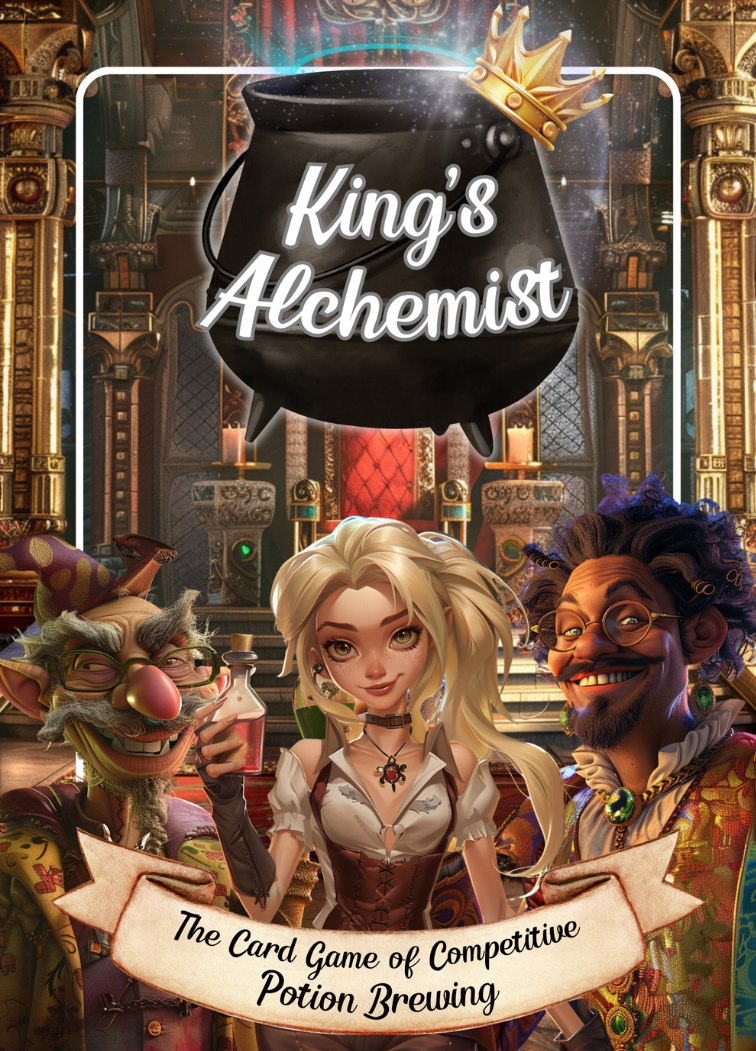 Animated fantasy scene with a central female alchemist holding a potion, flanked by an elf and a wizard in a magical, ornate hall. Text overlay reads "King's Alchemist" and "The Card Game of Competitive Potion Brewing."