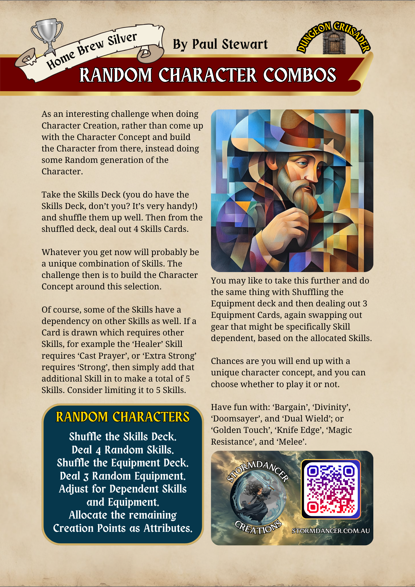 A colorful, abstract digital illustration of a wizard with a long beard and pointed hat, surrounded by geometric shapes, with a dark background featuring a stormy sky and a QR code at the bottom right.