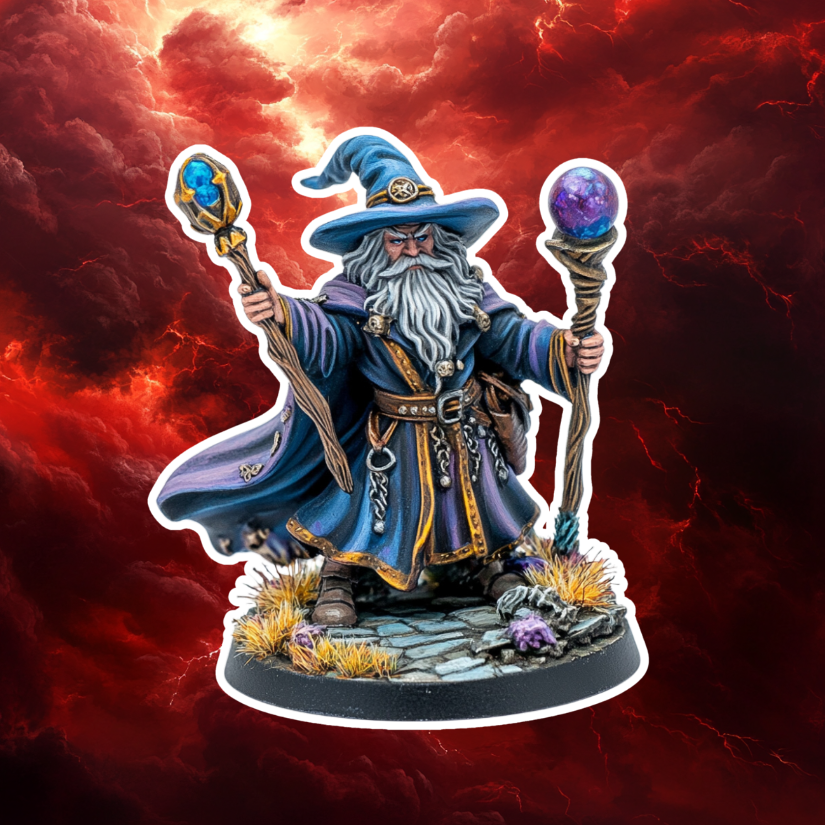 Miniature wizard figurine with a blue robe and hat, holding a staff with a blue crystal and a globe, standing on a rocky base with plants, against a stormy, red, clouded sky background.