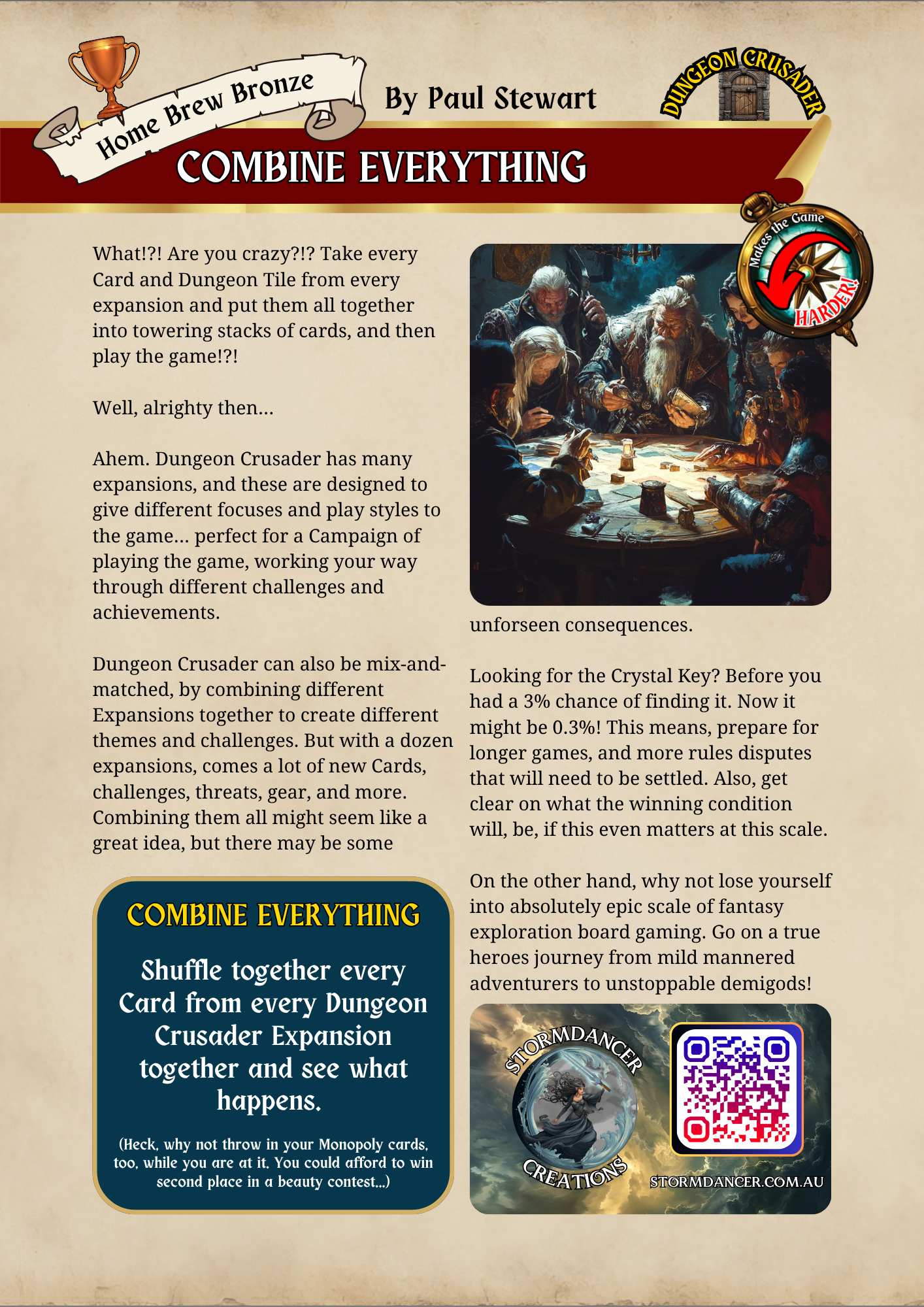 A promotional webpage for the game 'Dungeon Crusader' by Paul Stewart, featuring a large image of pirates around a treasure map, a compass with a red arrow and the words 'Makes the Game Harder!', and a section explaining combining cards and dungeon tiles for gameplay, with additional graphics and QR codes.