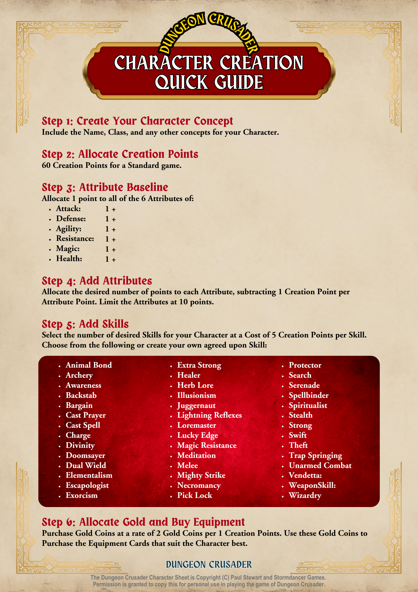 A printable Dungeon Crusader character creation quick guide with numbered steps, including creating character concept, allocating creation points, assigning attribute baseline, adding skills, and purchasing equipment, featuring a list of skills on a red background.