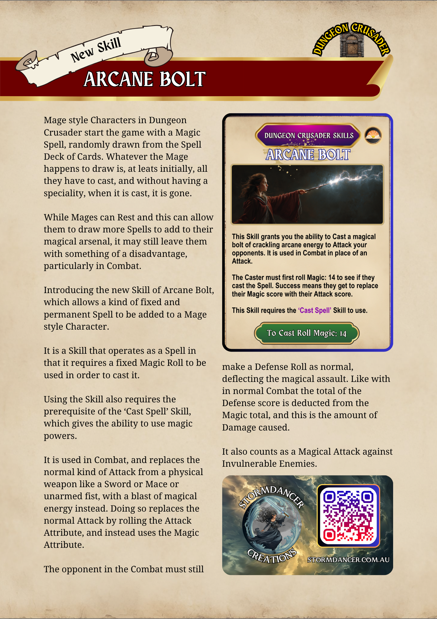 A game rule sheet or informational page about a skill called Arcane Bolt in a fantasy setting. Contains a picture of a woman casting a spell and a section labeled 'Dungeon Crusader Skills,' with a green button saying 'To Cast Roll Magic: 14' and a logo at the bottom with a QR code.