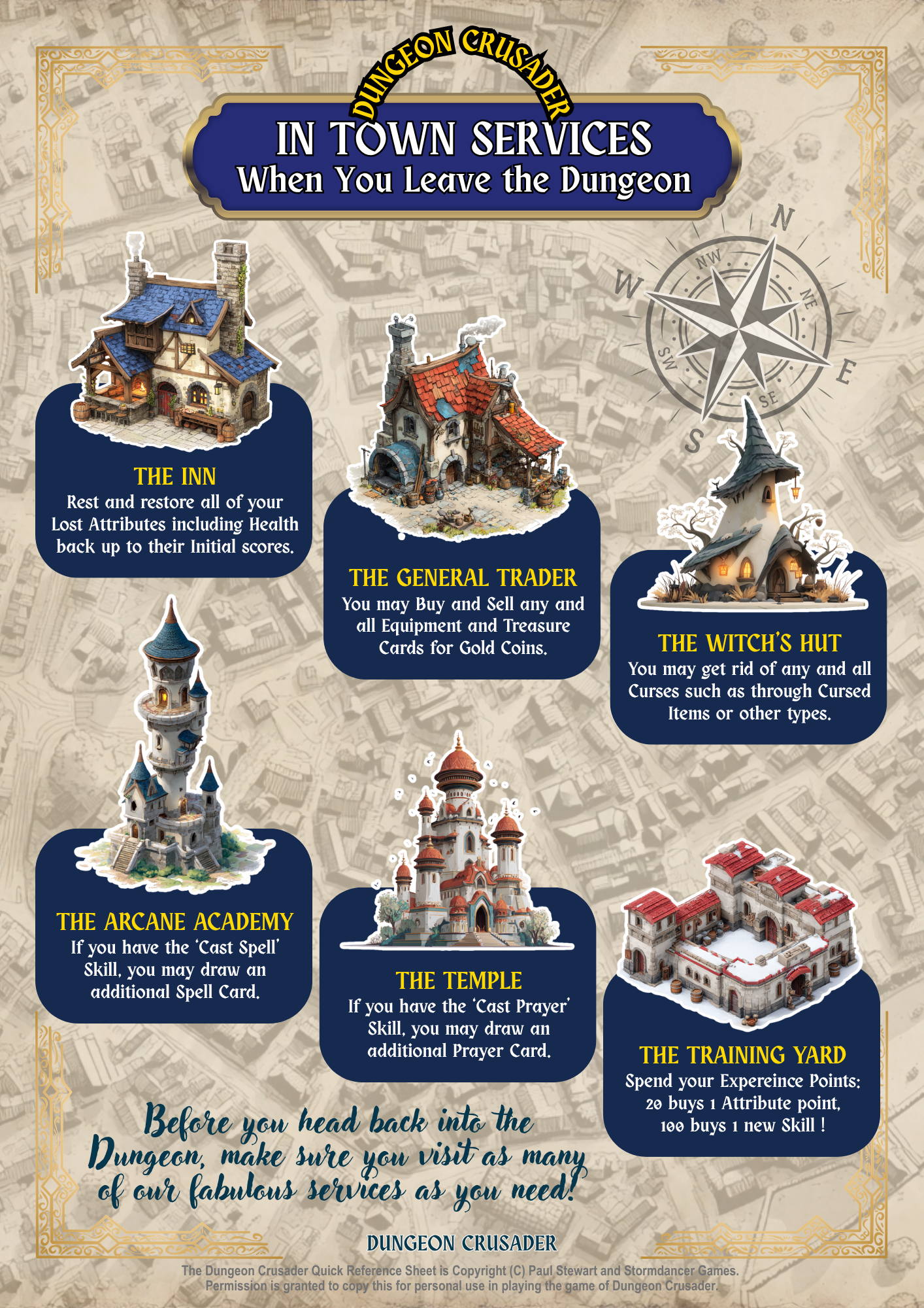 A reference sheet for Dungeon Crusader game services featuring illustrations of in-town buildings: The Inn, The General Trader, The Witch's Hut, The Arcane Academy, The Temple, and The Training Yard, with descriptions of their functions.