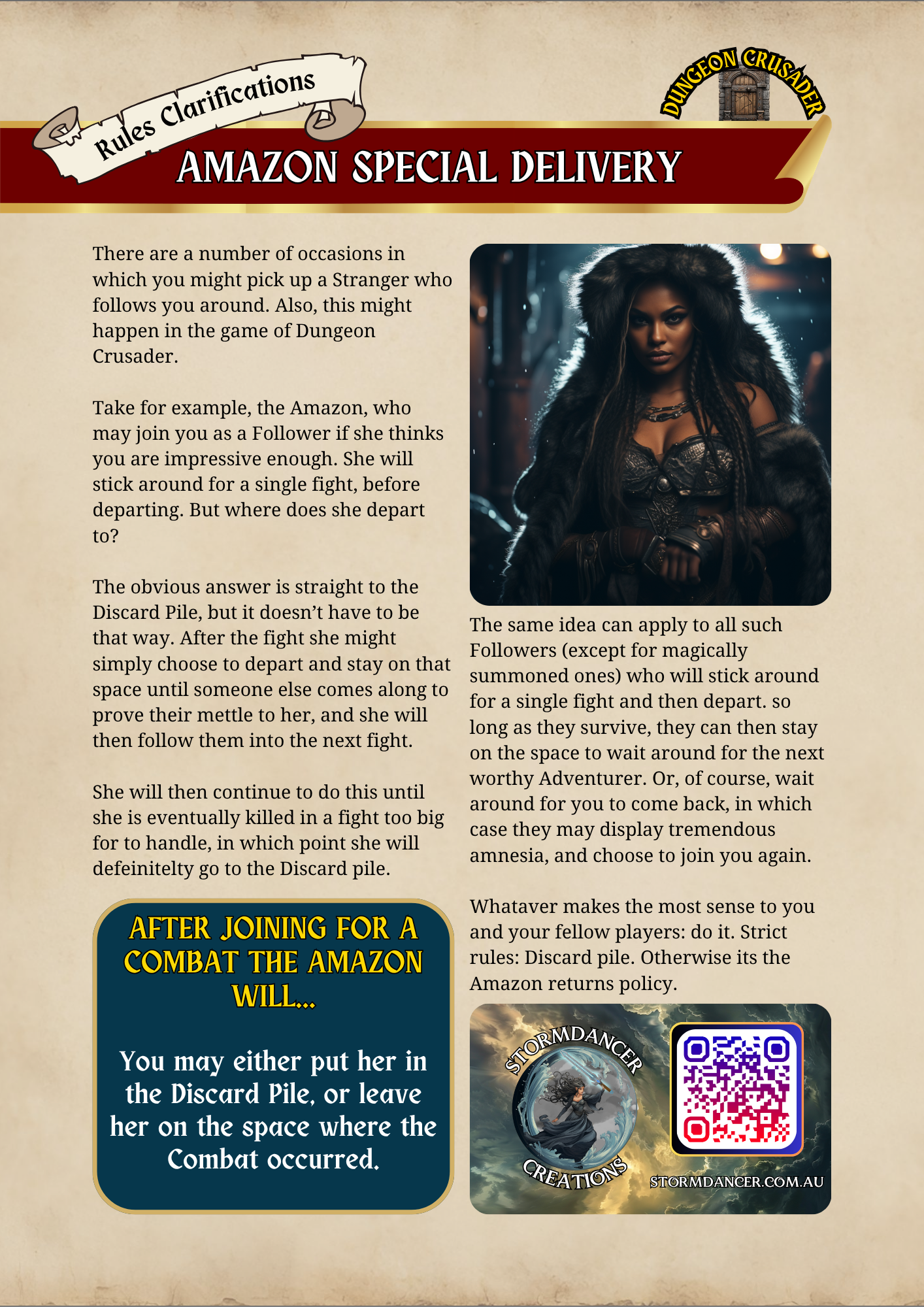 A webpage titled 'Rules Clarifications' for 'Amazon Special Delivery' in the game Dungeon Crusader. It features a woman with long, braided hair, wearing a furry hood and black armor, standing in a dark, stormy environment. The webpage includes text about in-game mechanics and a QR code and a promotional banner for 'Storm Dancer Creations' with a dark, mystical illustration.