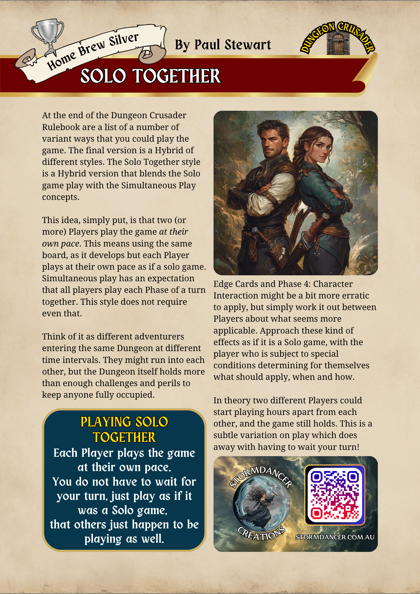 Book cover titled "Home Brew Silver" by Paul Stewart, featuring an illustration of a man and woman in adventuring gear in a forest, with a logo for Stormdancer Creations, a QR code, and a tile for Dungeon Crusader.