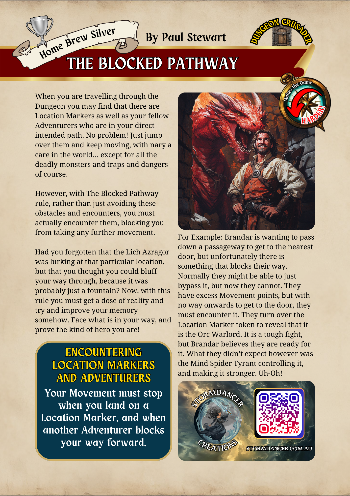A colorful illustrated guide about navigating a dungeon. Includes a large dragon and a smiling adventurer in medieval-style clothing, with icons for a storm dancer and various gaming symbols.
