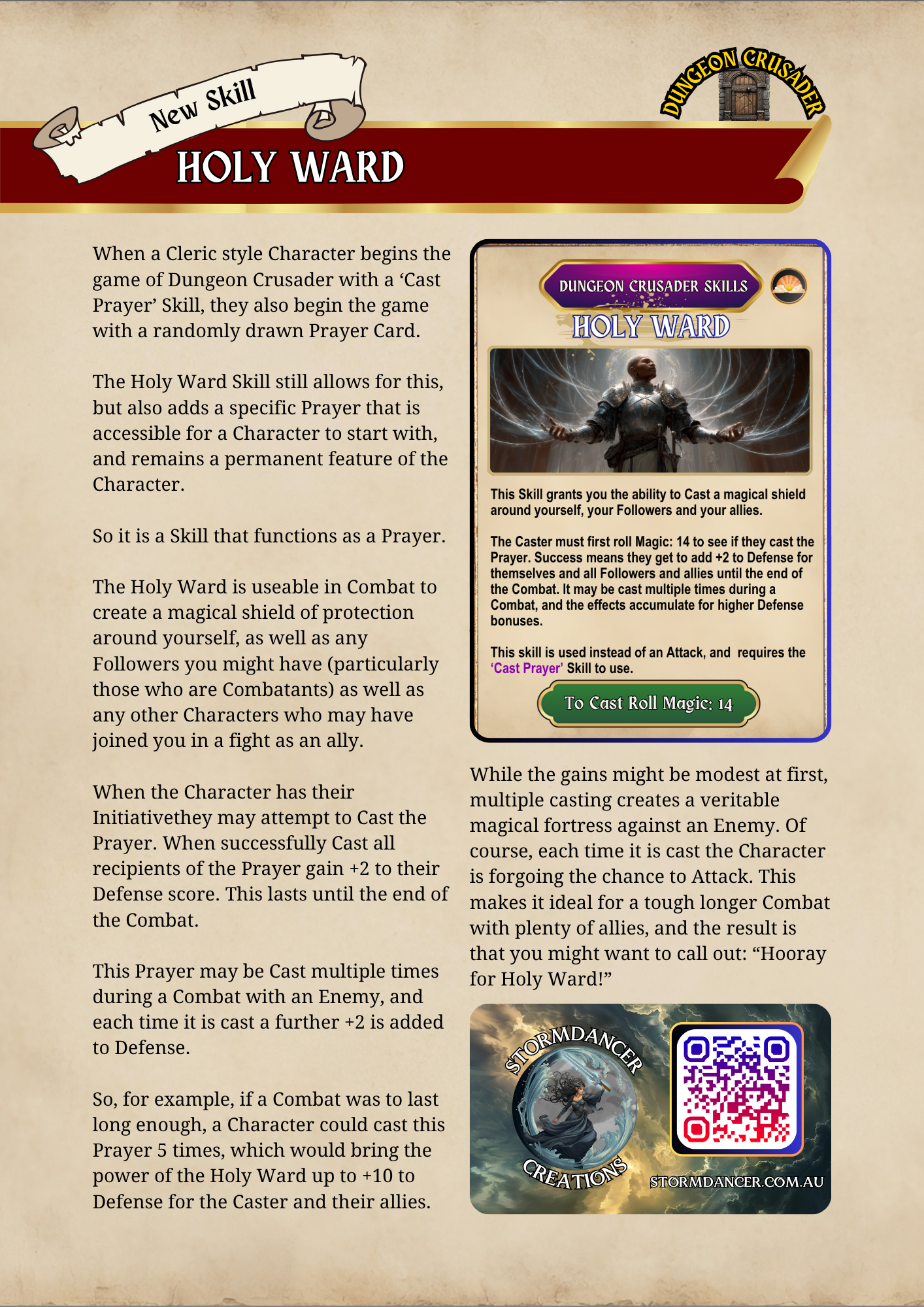 Page describing the Holy Ward skill for Dungeon Crusader, including its effects, how to use it, and related artwork.