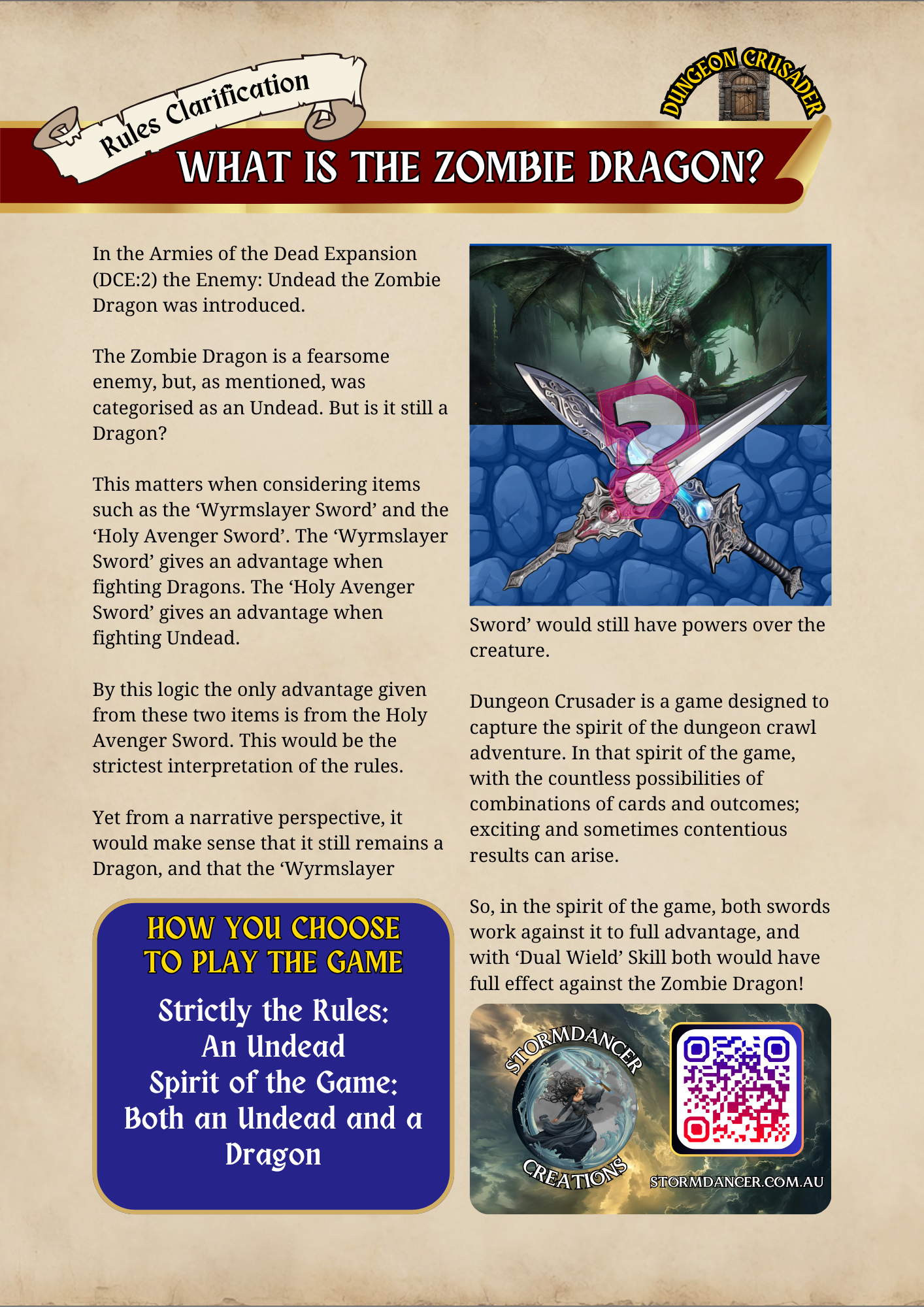 A page from a game rulebook titled 'What is the Zombie Dragon?' with a picture of a green dragon with large wings, a sentence about the dragon, and a section explaining game rules, along with a Storm Dancer Creations logo, QR code, and website URL.