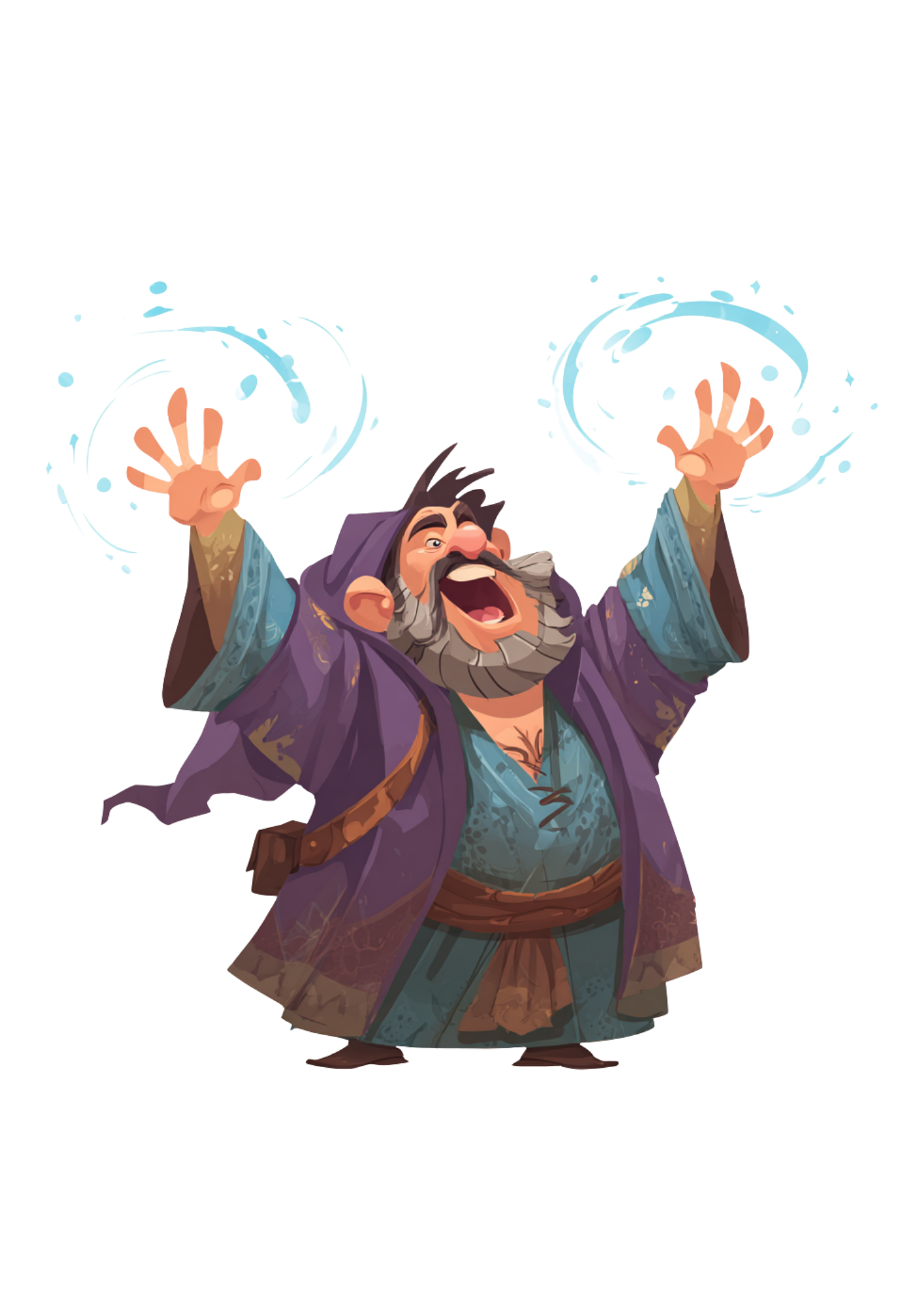 A cheerful animated wizard with a beard and mustache, wearing a purple and blue robe, raising his hands with open palms, surrounded by digital holographic symbols and circuits.