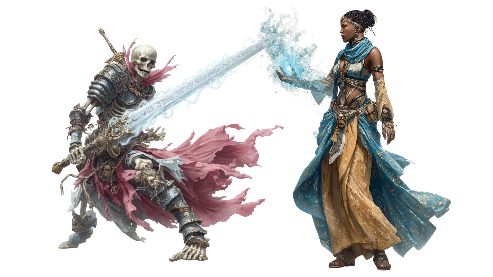 A fantasy scene of a skeleton warrior in armor and tattered pink and gray clothing wielding a large glowing sword, facing a woman in elaborate blue and gold robes casting a spell.