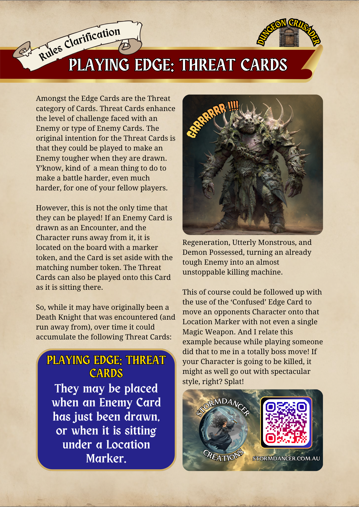 A gaming rule card titled 'Playing Edge: Threat Cards' with an image of a monstrous creature, and sections of text explaining threat cards in a tabletop game. There is a QR code and a logo of a character with dark clouds in the background.