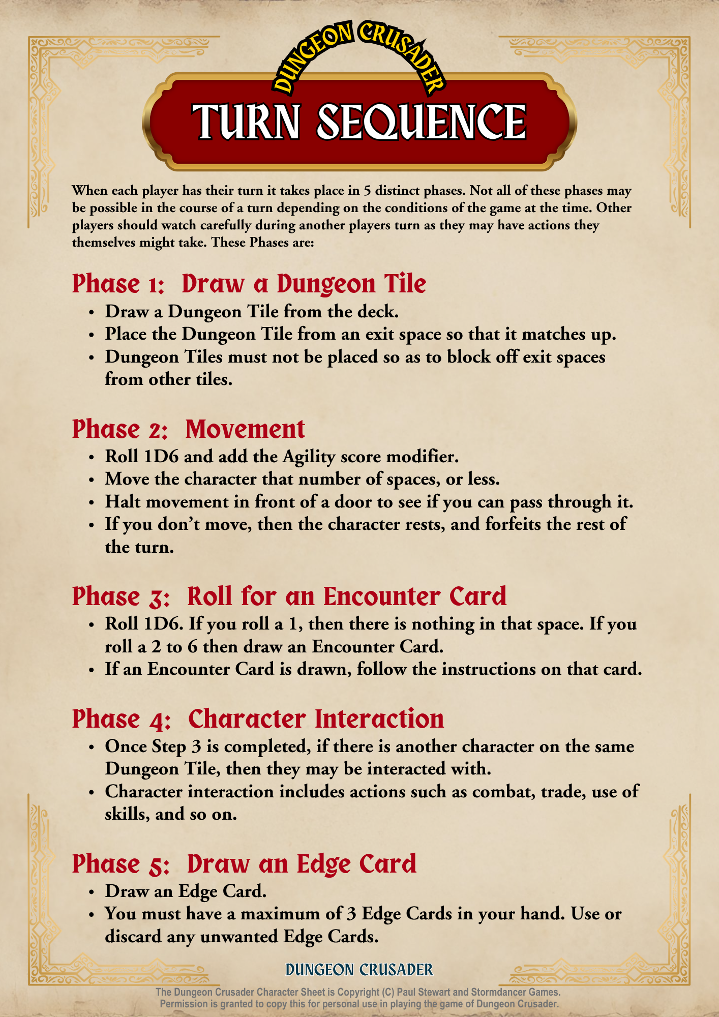 A game rule sheet titled "Dungeon Crusader Turn Sequence" with instructions for each phase of a turn, including drawing a dungeon tile, moving a character, character interaction, and drawing an edge card. The sheet has decorative borders and a red and gold theme.