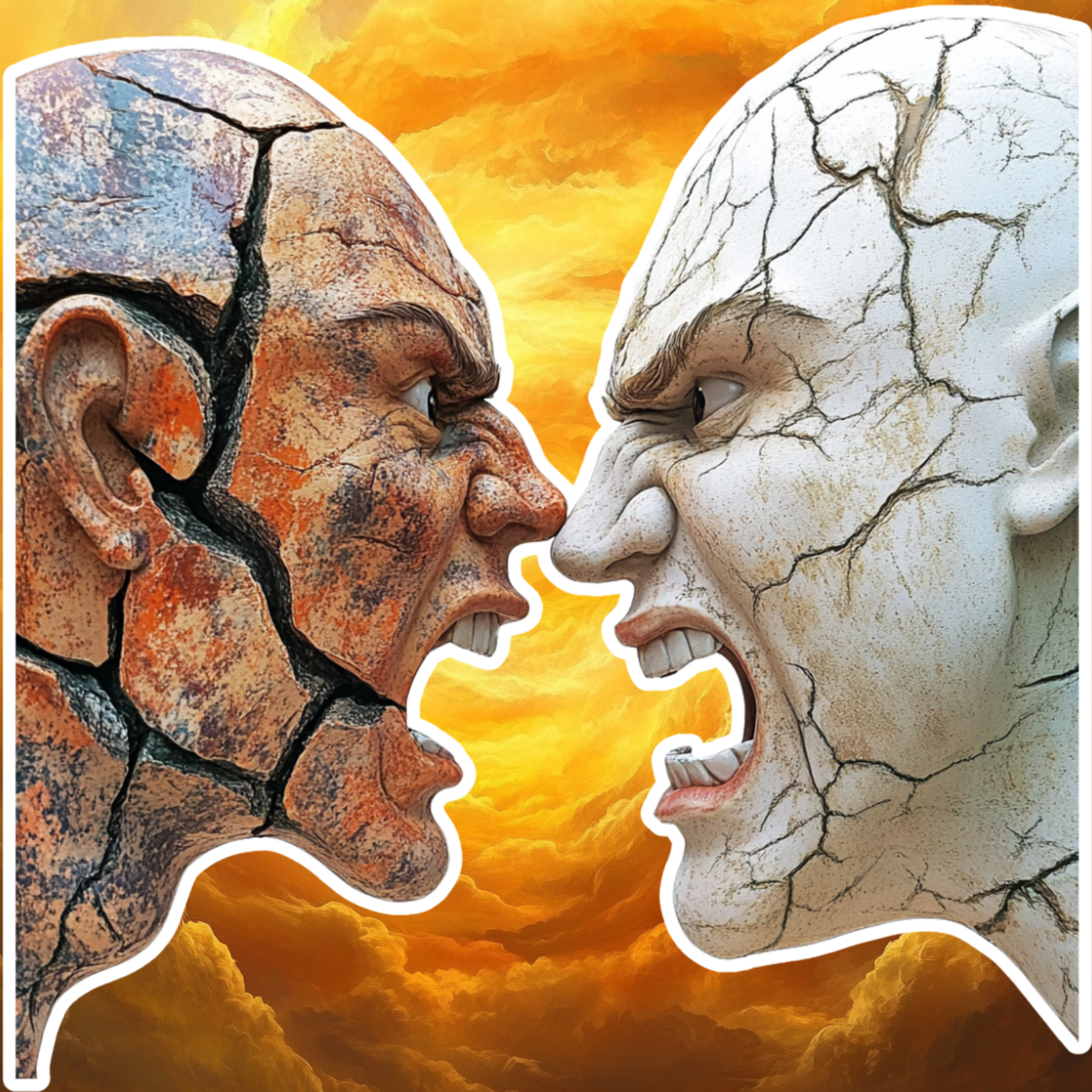 Two humanoid faces with cracked, stone-like skin facing each other against an orange clouded sky background.