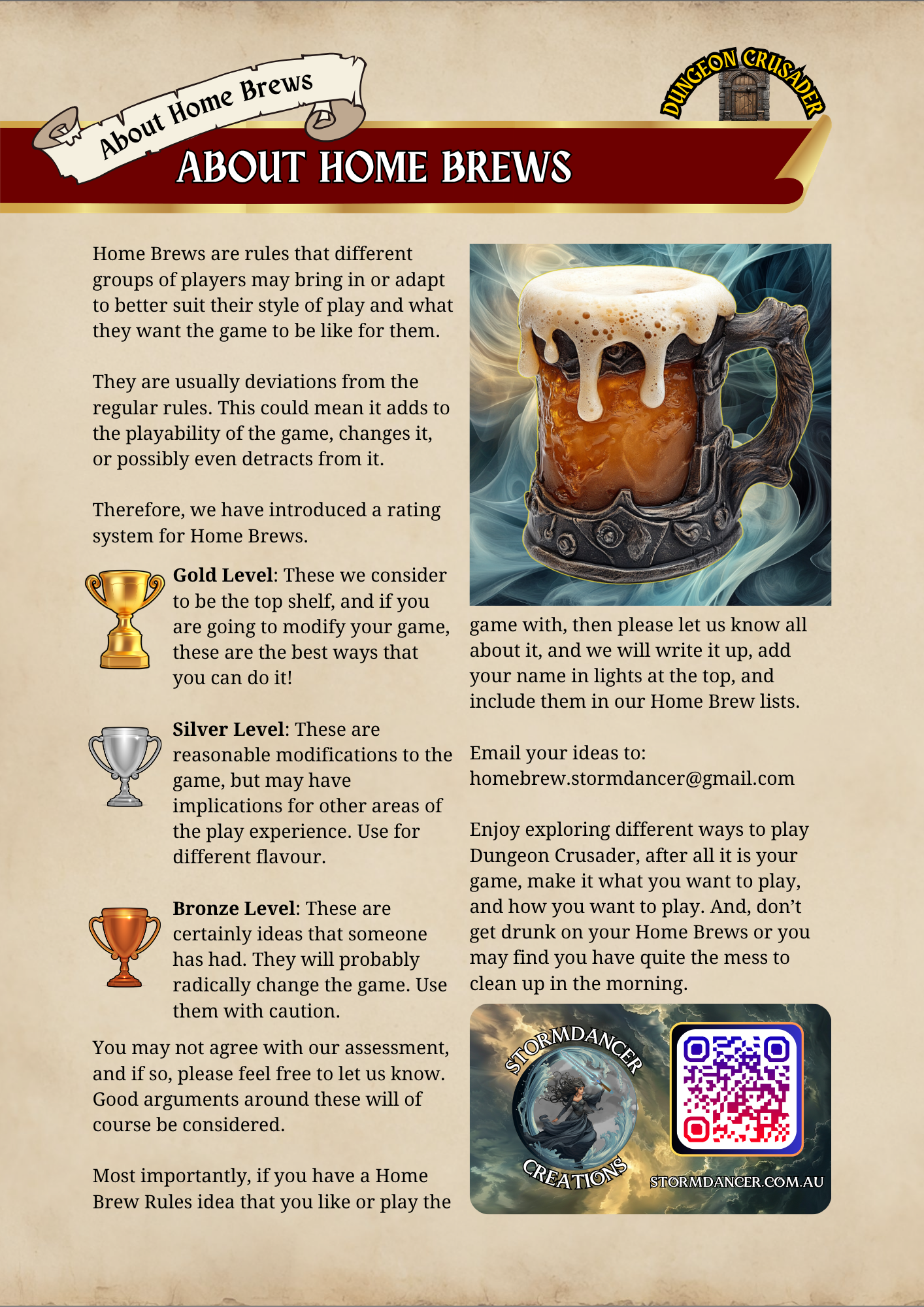 A webpage about home brew rules for dungeon crawling game, featuring a large mug of beer with foam and a fantasy-themed mug holder, the Dungeon Crusader logo, a QR code, and email contact information.