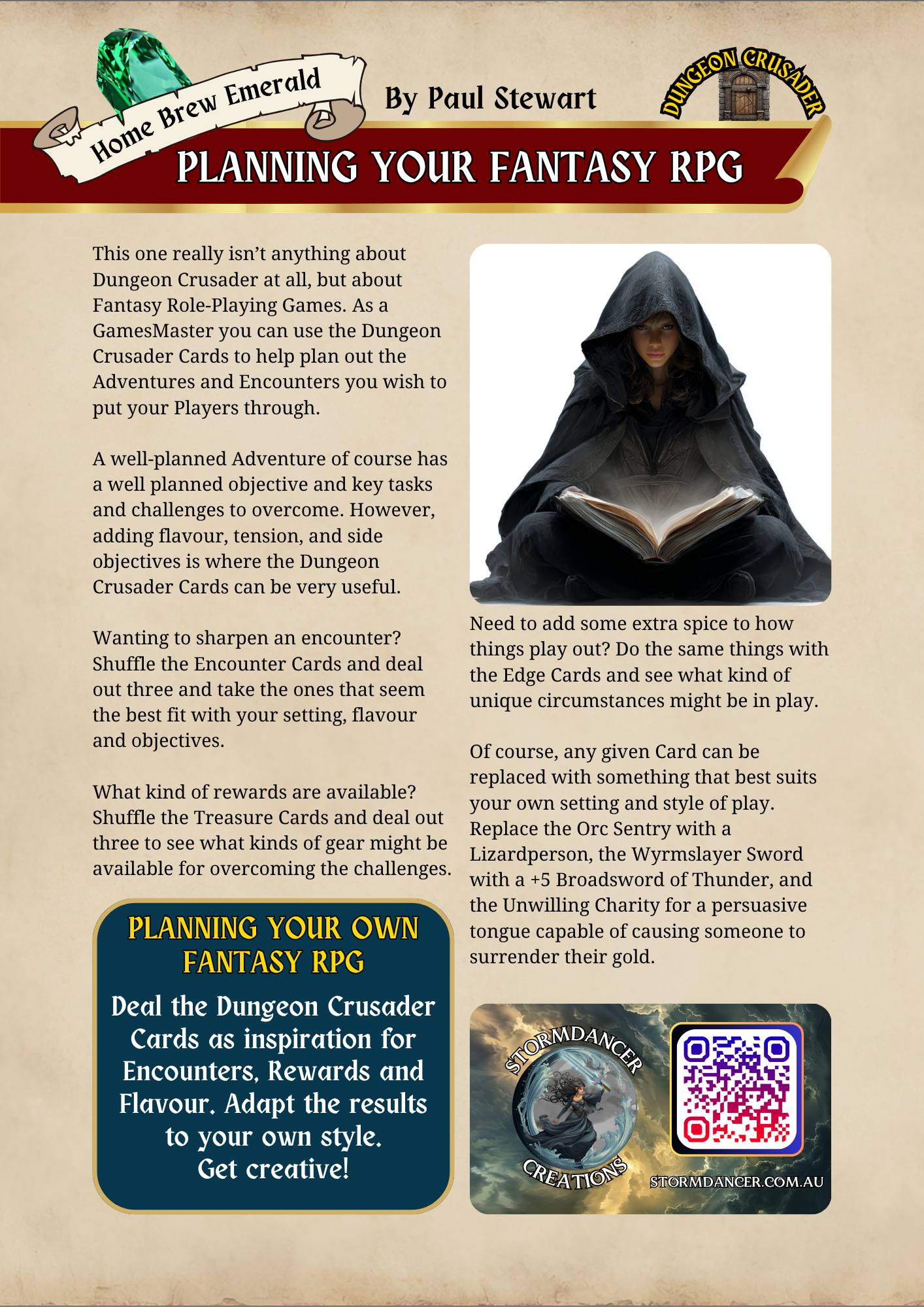 A promotional webpage for a fantasy role-playing game planning guide titled 'Home Brew Emerald' by Paul Stewart. The design features a dark themed book with a hooded woman reading, and elements related to dungeon crawling and fantasy. There are also QR codes and a logo for Storm Dancer Creations.