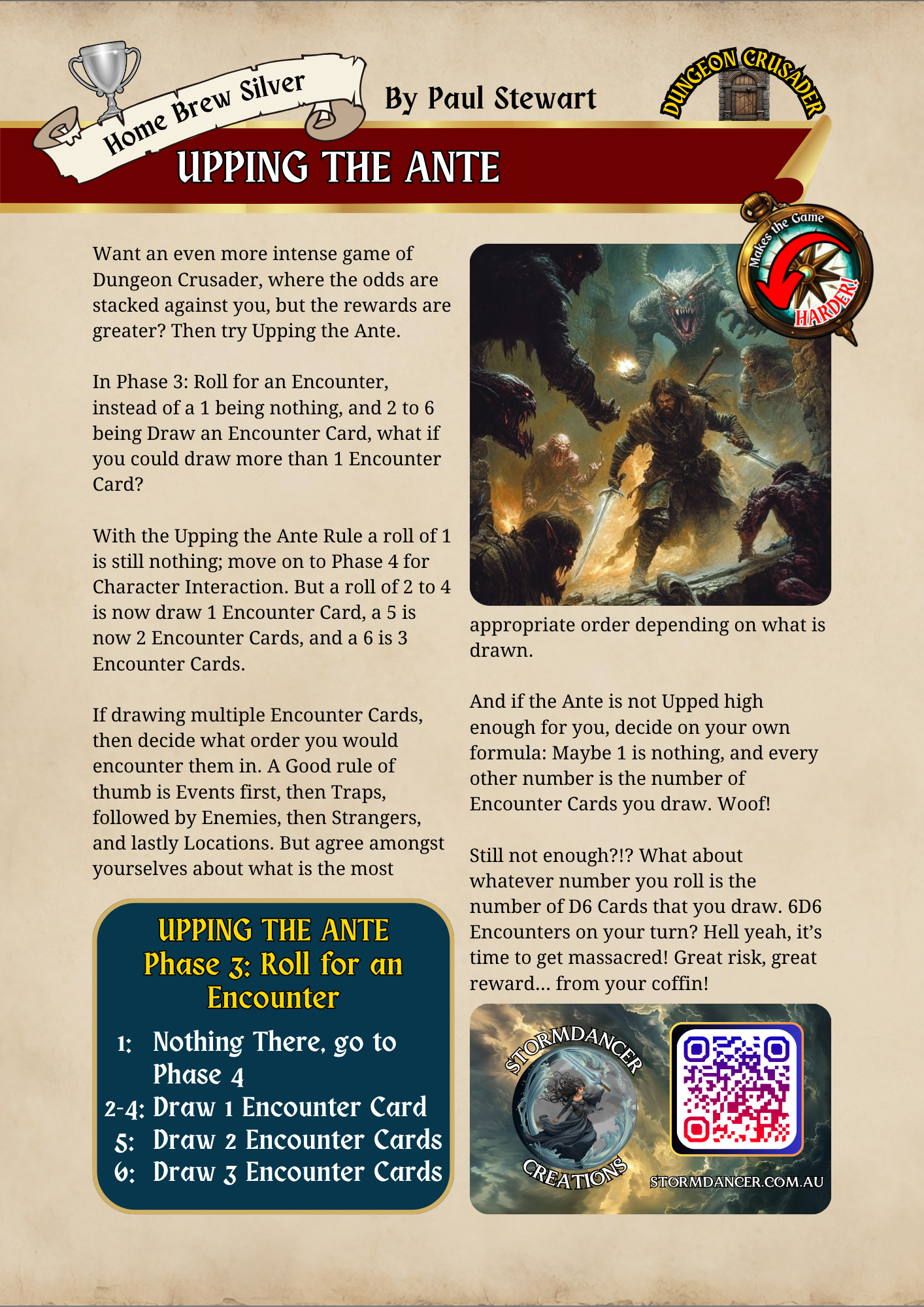 Page from a tabletop game rulebook titled 'Upping the Ante,' with artwork of fantasy characters fighting monsters, and a circular icon indicating increasing difficulty with the word 'HARDER!' The page contains text instructions, a QR code, and a logo for Storm Dancer Creations.