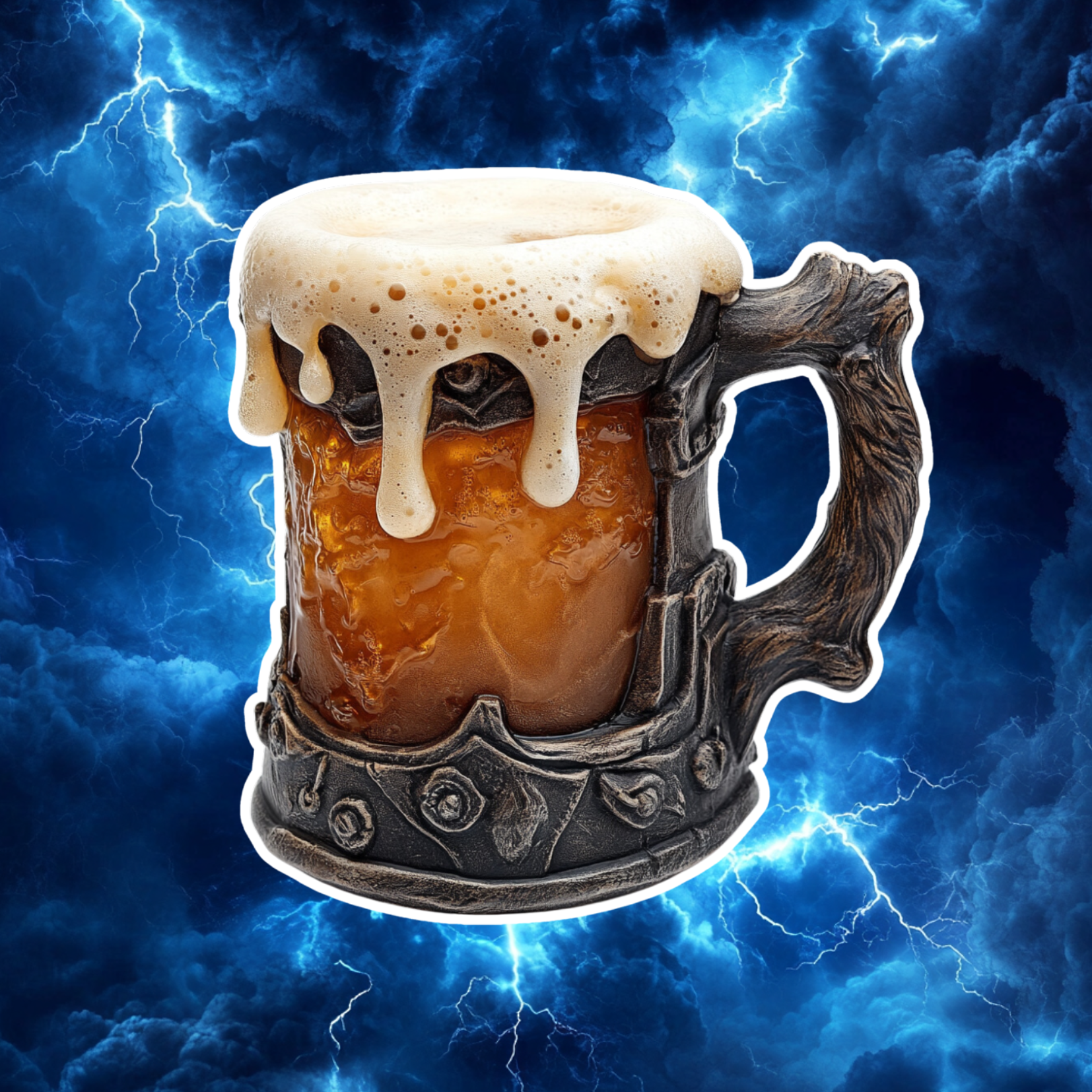 A detailed wooden mug with carved decorations, filled with beer and topped with foam, against a stormy sky with lightning.