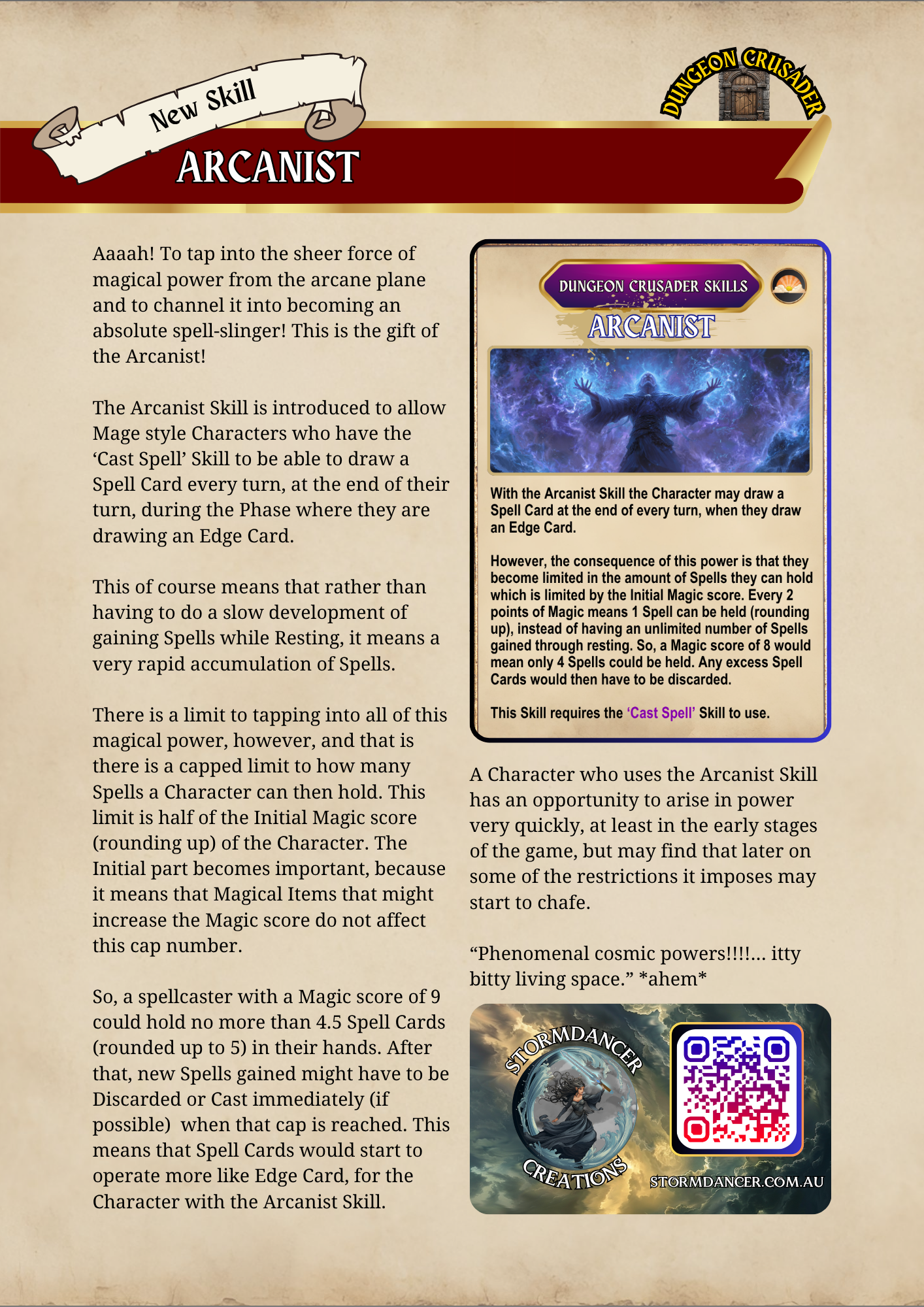 A page explaining the arcanist skill in a fantasy game, with a description, a separate info box labeled 'Dungeon Crusader Skills Arcanist' featuring a mystical image, and a smaller poster below with a character illustration, titled 'Storm Dancer Creations' along with a QR code.