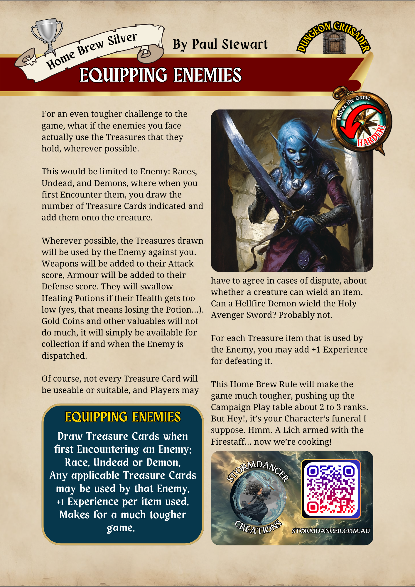 A game page with a title "Equipping Enemies" by Paul Stewart, featuring an illustration of a blue-skinned, mischievous elf-like creature holding a sword. The page includes text explaining game mechanics about using treasures on enemies like races, undead, and demons, and mentions a homebrew rule for tougher gameplay. There are also icons for a Storm Dancer creation, a QR code, and a badge with a compass and the words "Makes the Game Harder!"