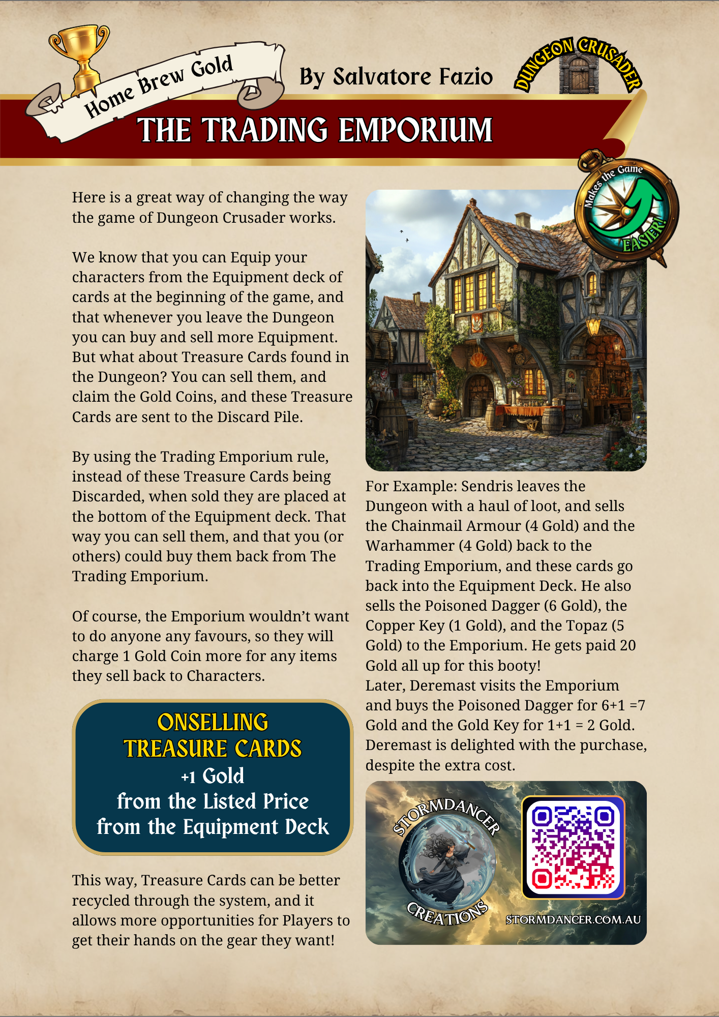 A digital screenshot of an instructional webpage for the game Dungeon Crusader, featuring a detailed illustration of a medieval-style building with illuminated windows, surrounded by barrels, crates, and greenery, and an overlay badge indicating the game is easier.