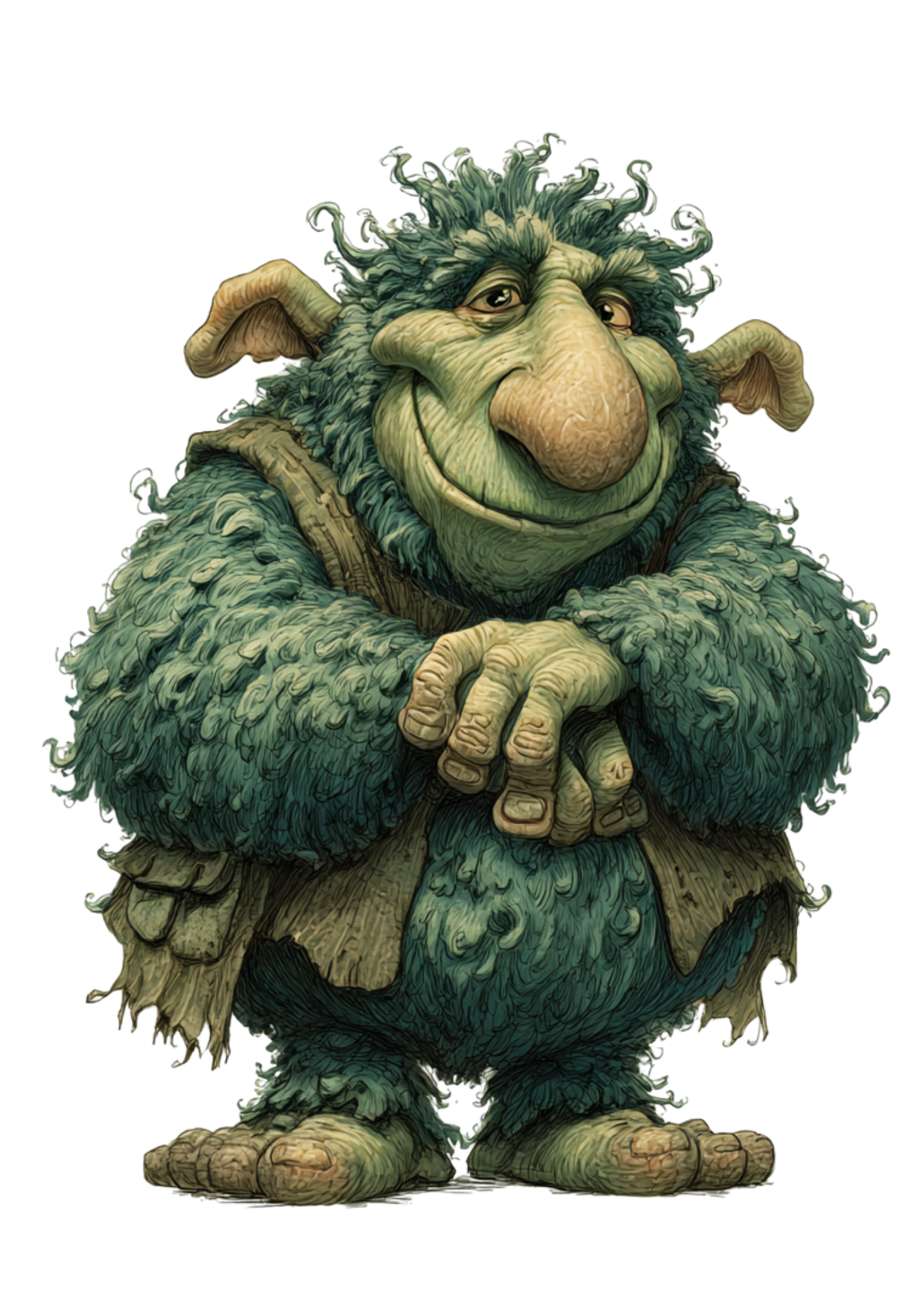 A cartoonish character with a large nose, big ears, and scruffy hair, dressed in a furry green outfit, standing with hands clasped together, smiling.