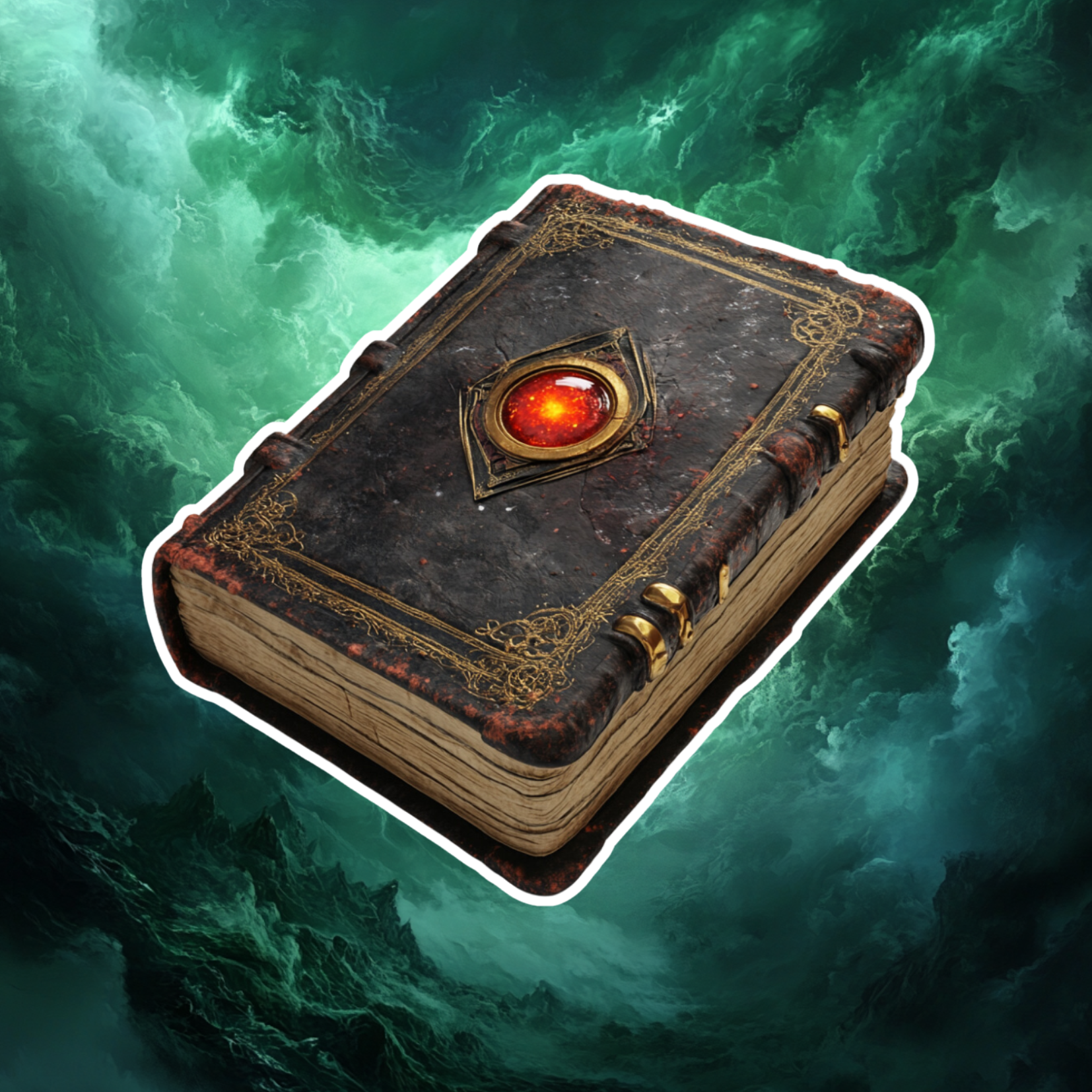 An old, weathered book with gold decorative borders and a central red gemstone on the cover, floating above turbulent green waves or clouds.