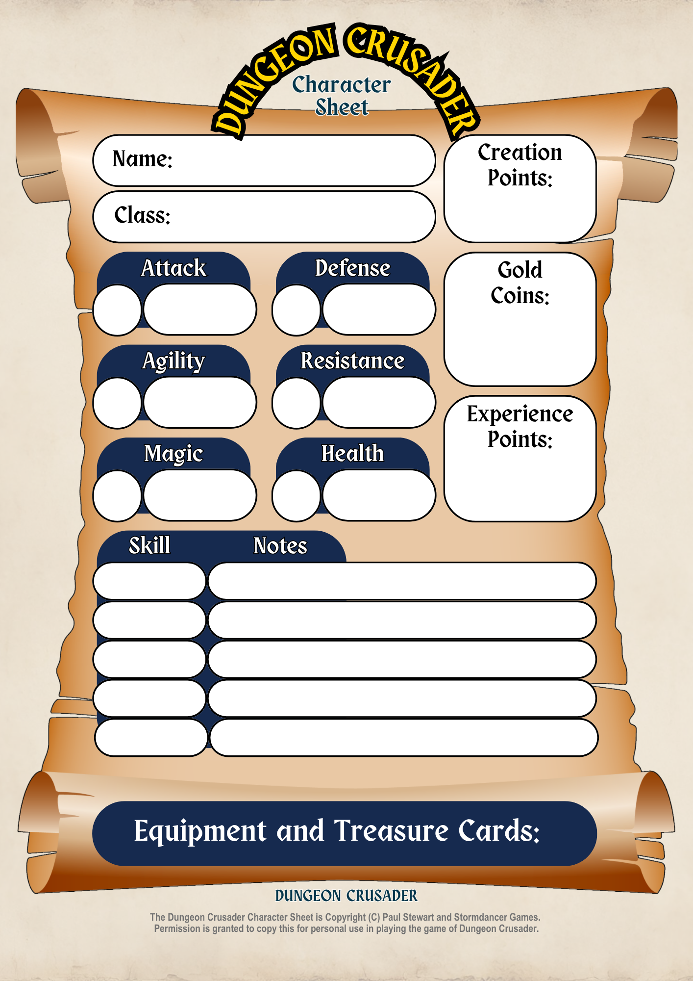 A character sheet for the game Dungeon Crusader. It has sections for character information, attributes, skills, notes, and equipment, all styled as a scroll.