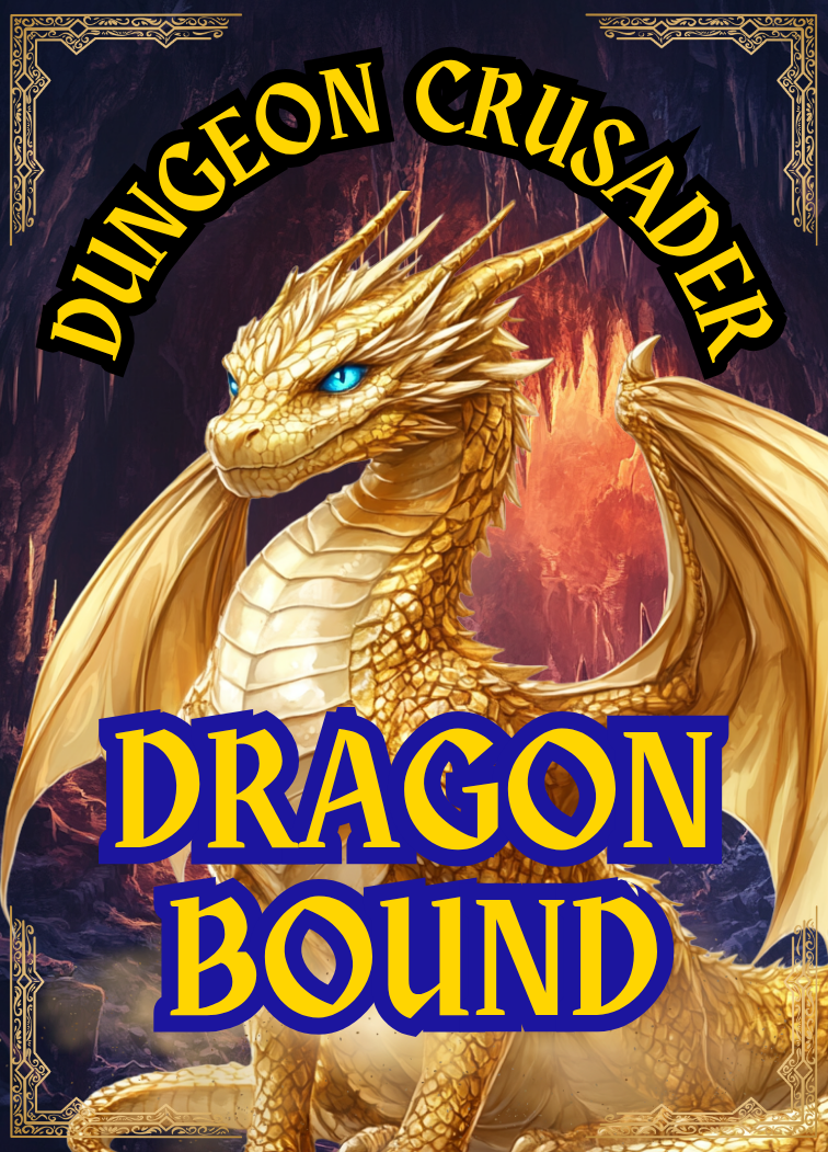 Illustration of a golden dragon with blue eyes, wings spread, in a fantasy cave setting with glowing red and orange light, titled 'Dungeon Crusader: Dragon Bound'.