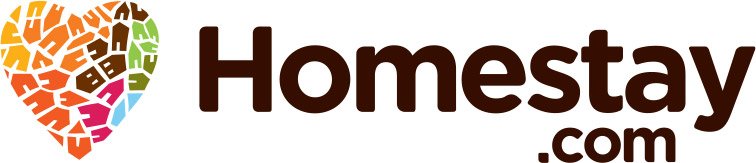 Logo for Homestay.com featuring a multicolored heart made of house icons and the text 'Homestay.com'.