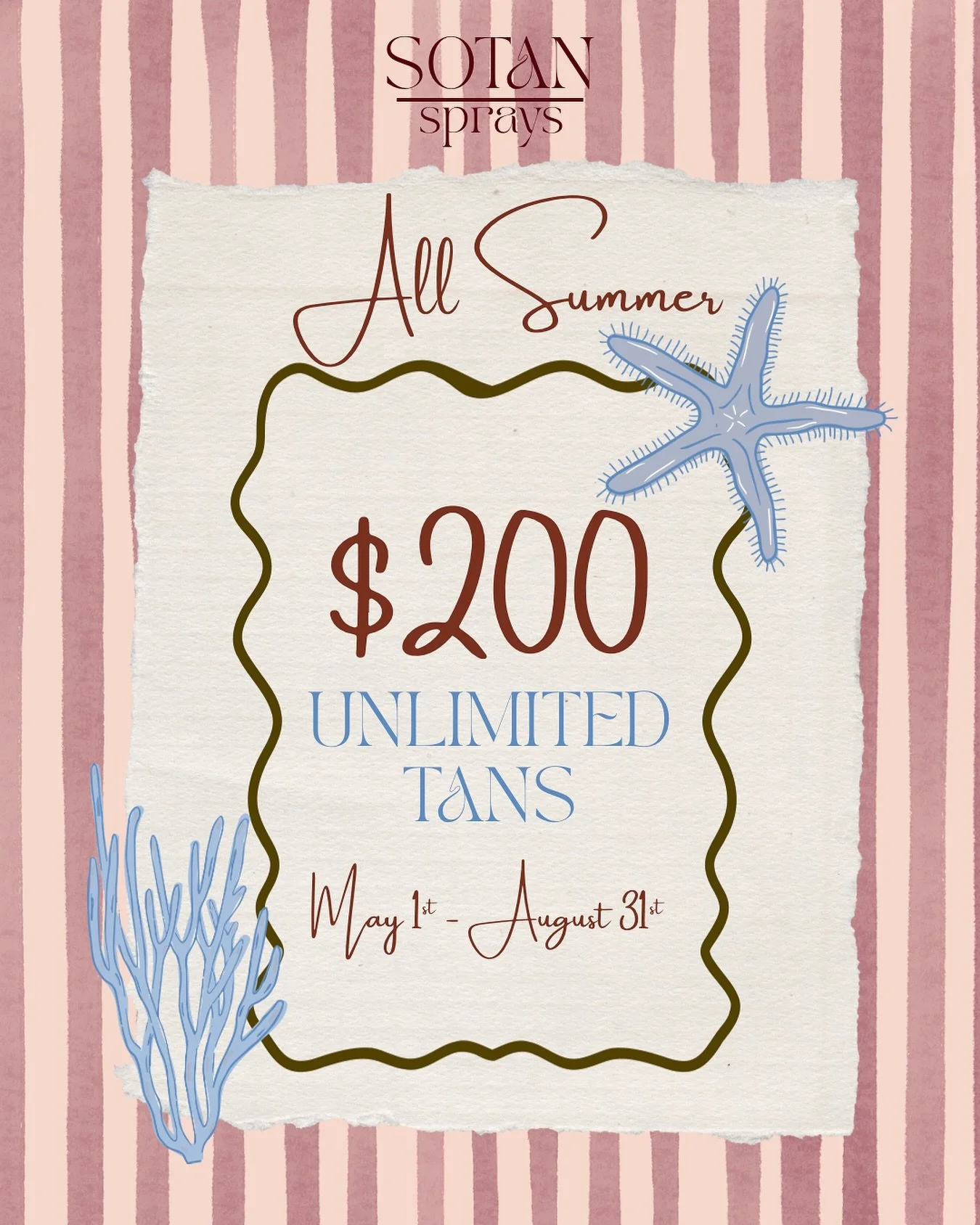 To celebrate National Spray Tan Day, March 6th, I will be offering a Summer Special for a limited time!✨☀️
For $200 you will have access to unlimited spray tans from May 1st through August 31st. This offer is available in salon or to travel (travel f