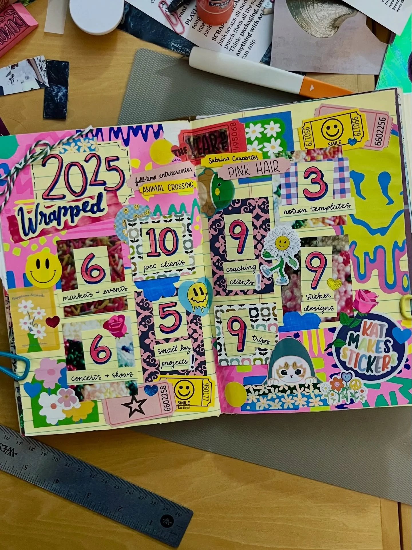 Finished my 2025 Wrapped junk journal spread (until I decide to add even more stickers, that is)! The general consensus is that I did A LOT last year. Especially proud to be celebrating 1 whole year of full-time self-employment 🥳 

2026 BINGO spread