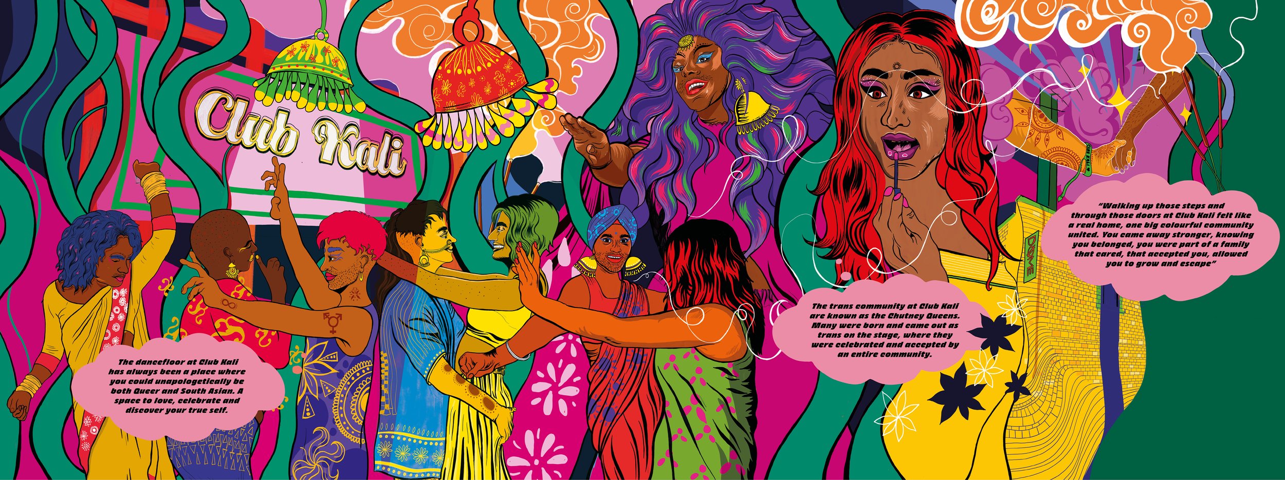 Club Kali: Camden’s History
Artist: Aaran Sian
Camden has been home to the legendary Club Kali, a club night and network for Queer and Trans South Asians since the 90s. It became a life affirming infrastructure for many of the community. We have